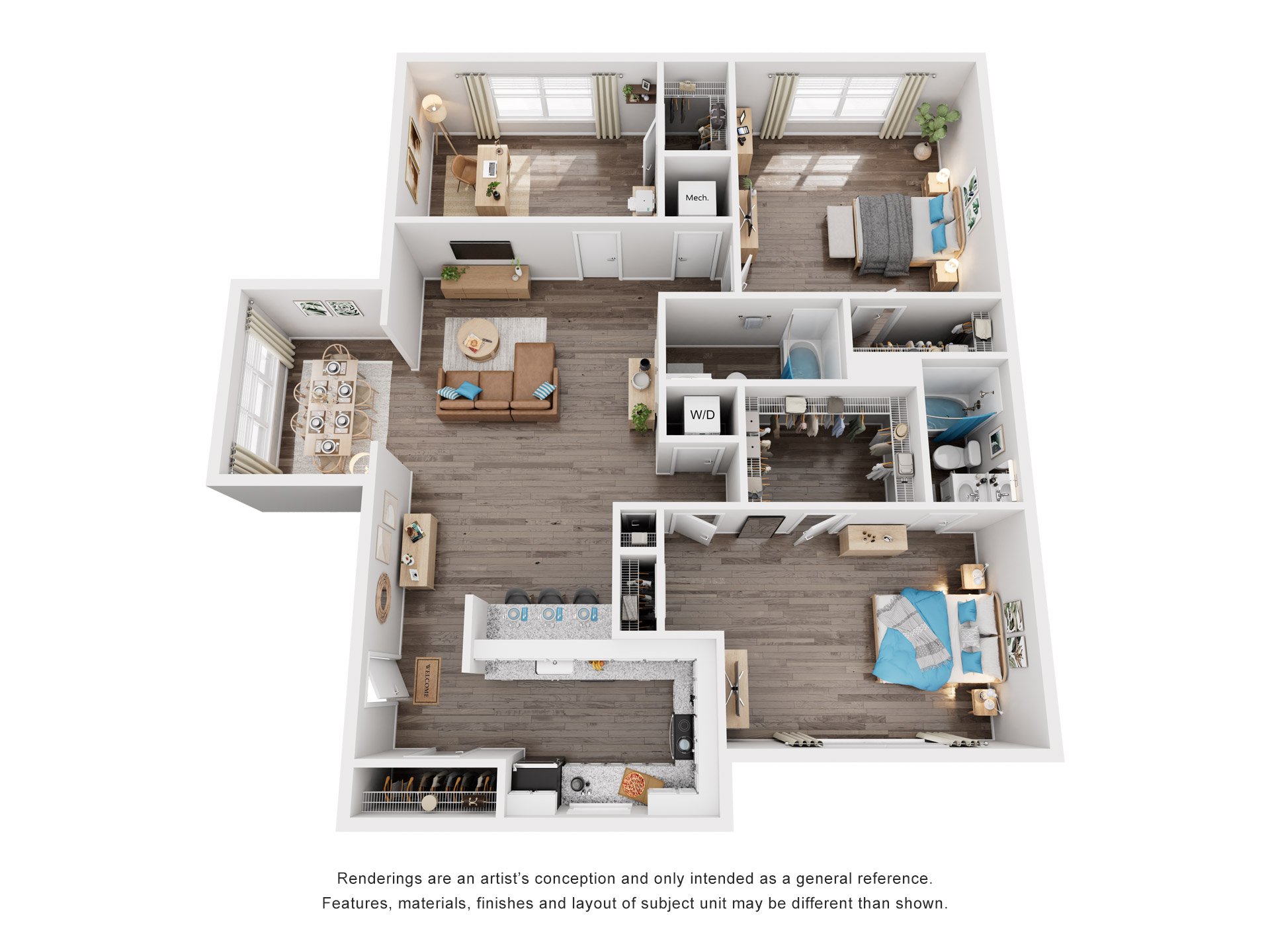 Floor plan for 3 beds, 2 baths, 1145 sqft