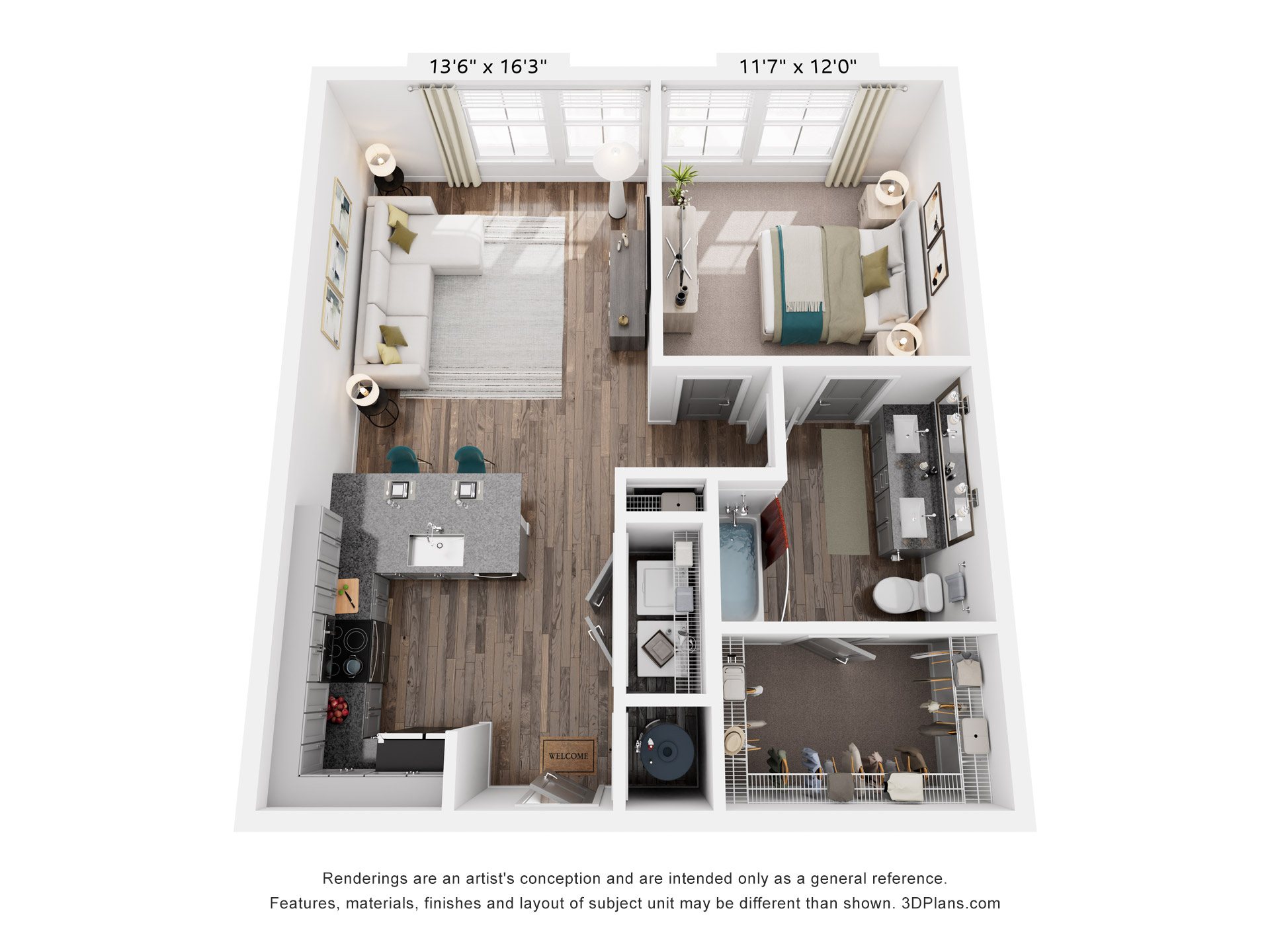 Floor plan for 1 bed, 1 bath, 702 sqft