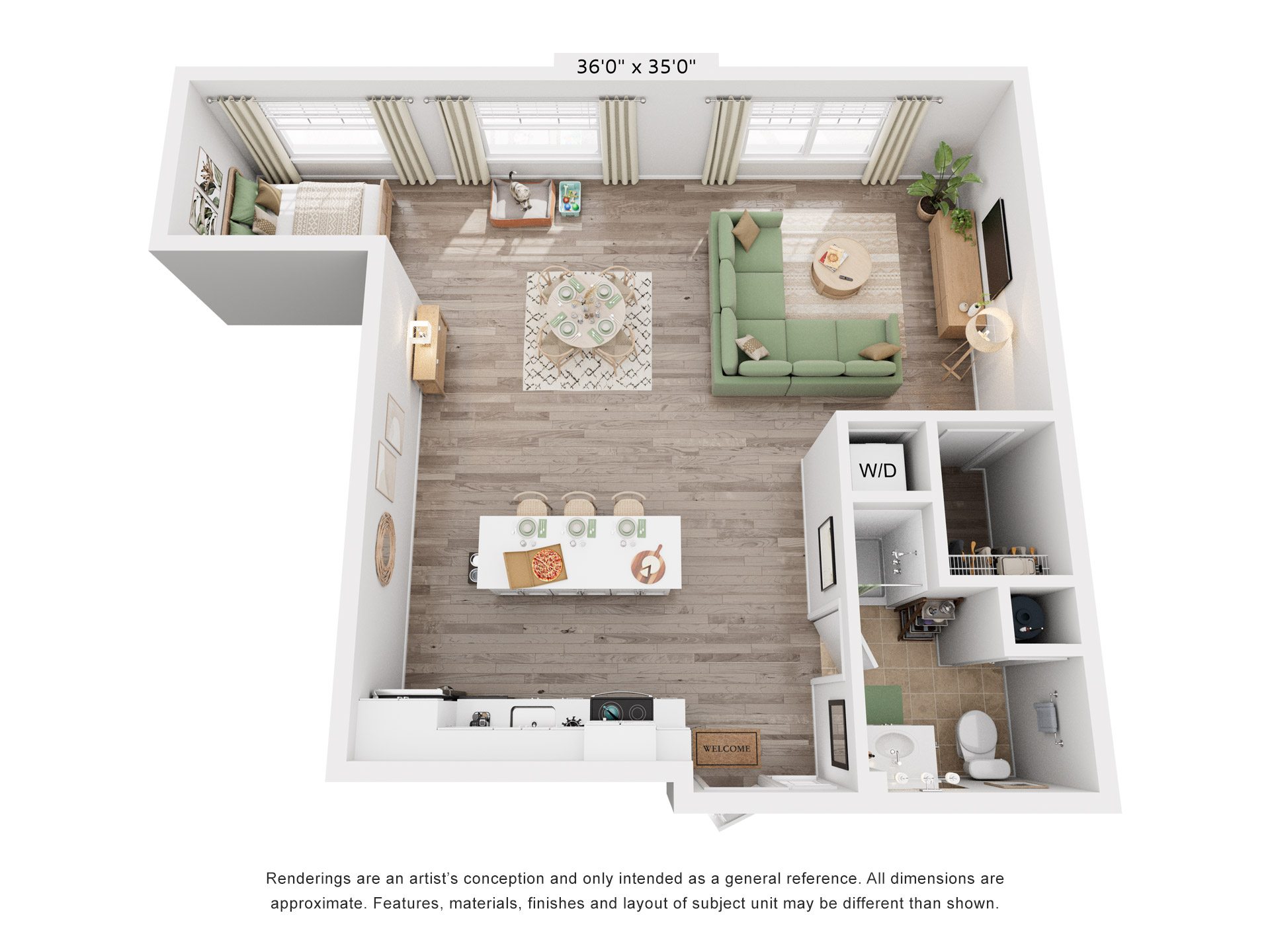 Floor plan for studio, 1 bath, 723 sqft