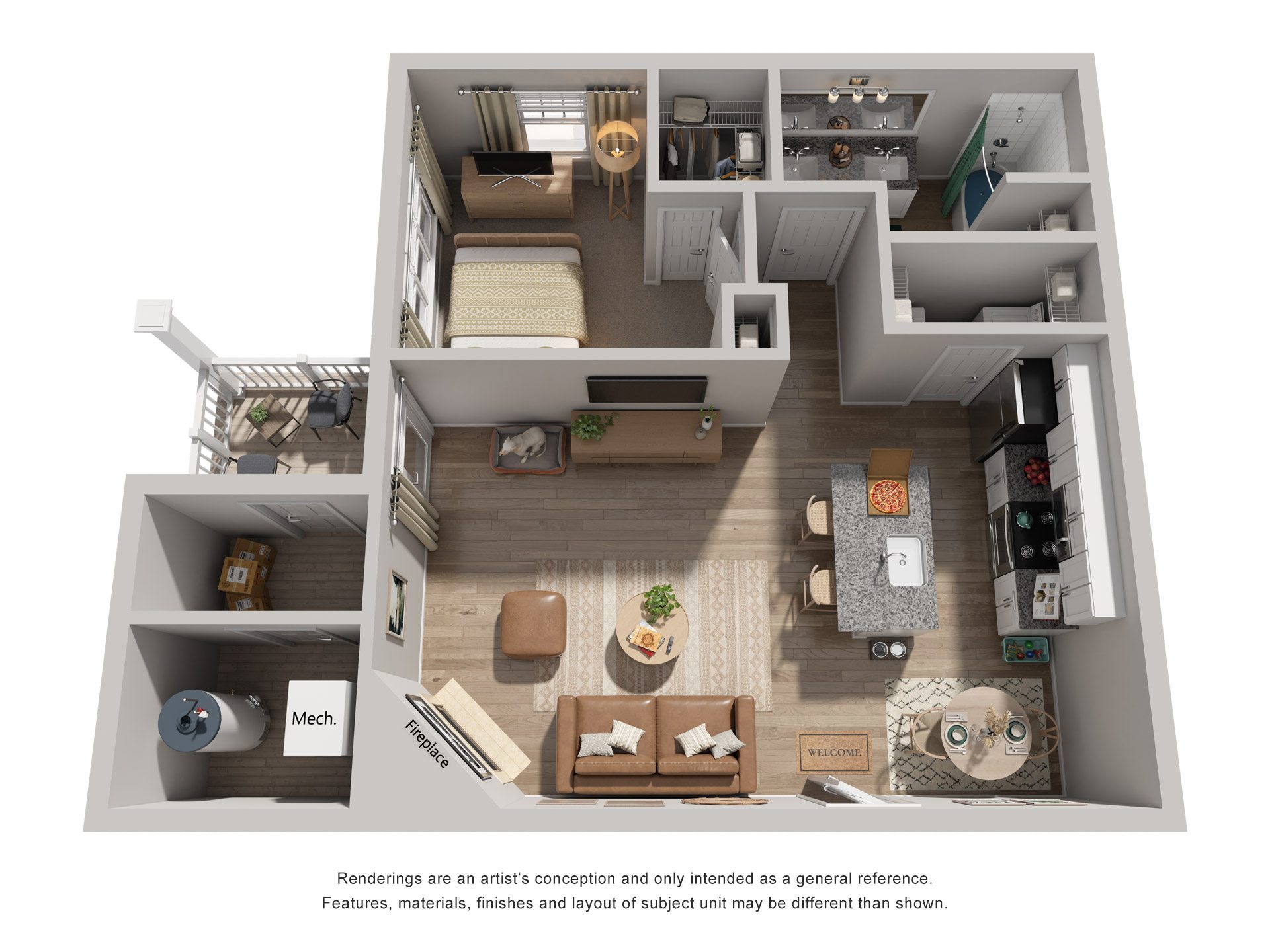 Floor plan for 1 bed, 1 bath, 946 sqft