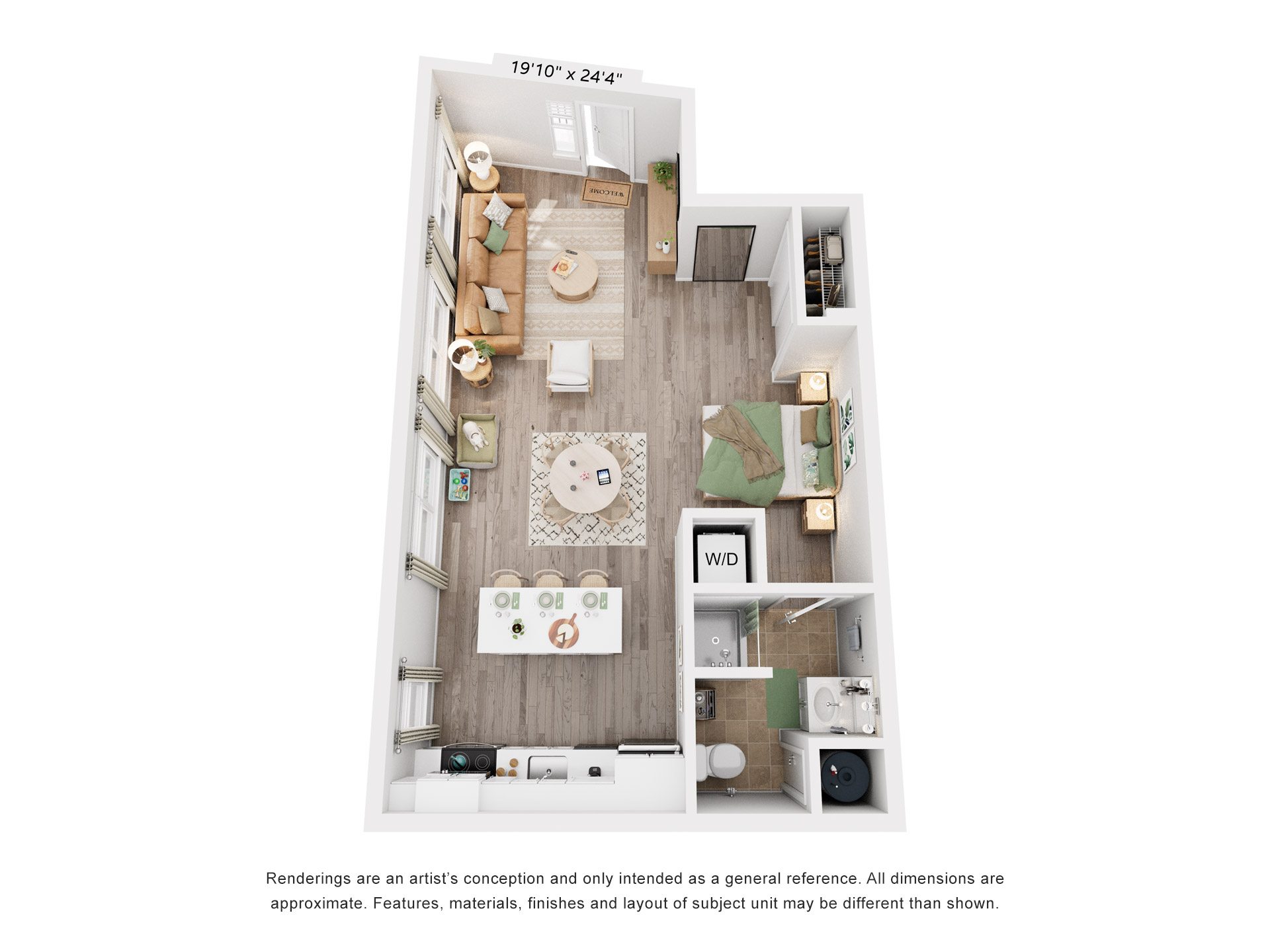 Floor plan for studio, 1 bath, 617 sqft