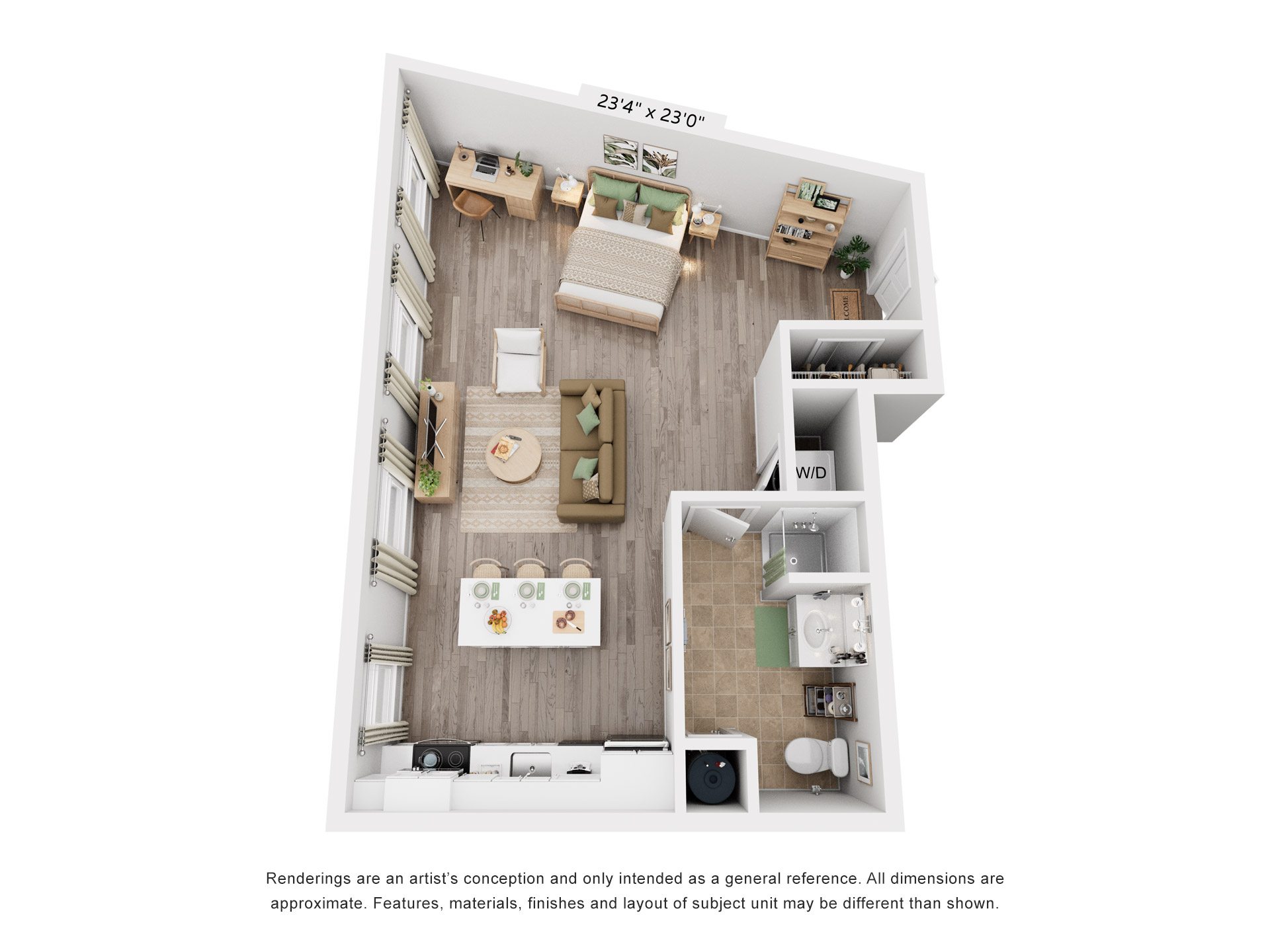 Floor plan for studio, 1 bath, 634 sqft