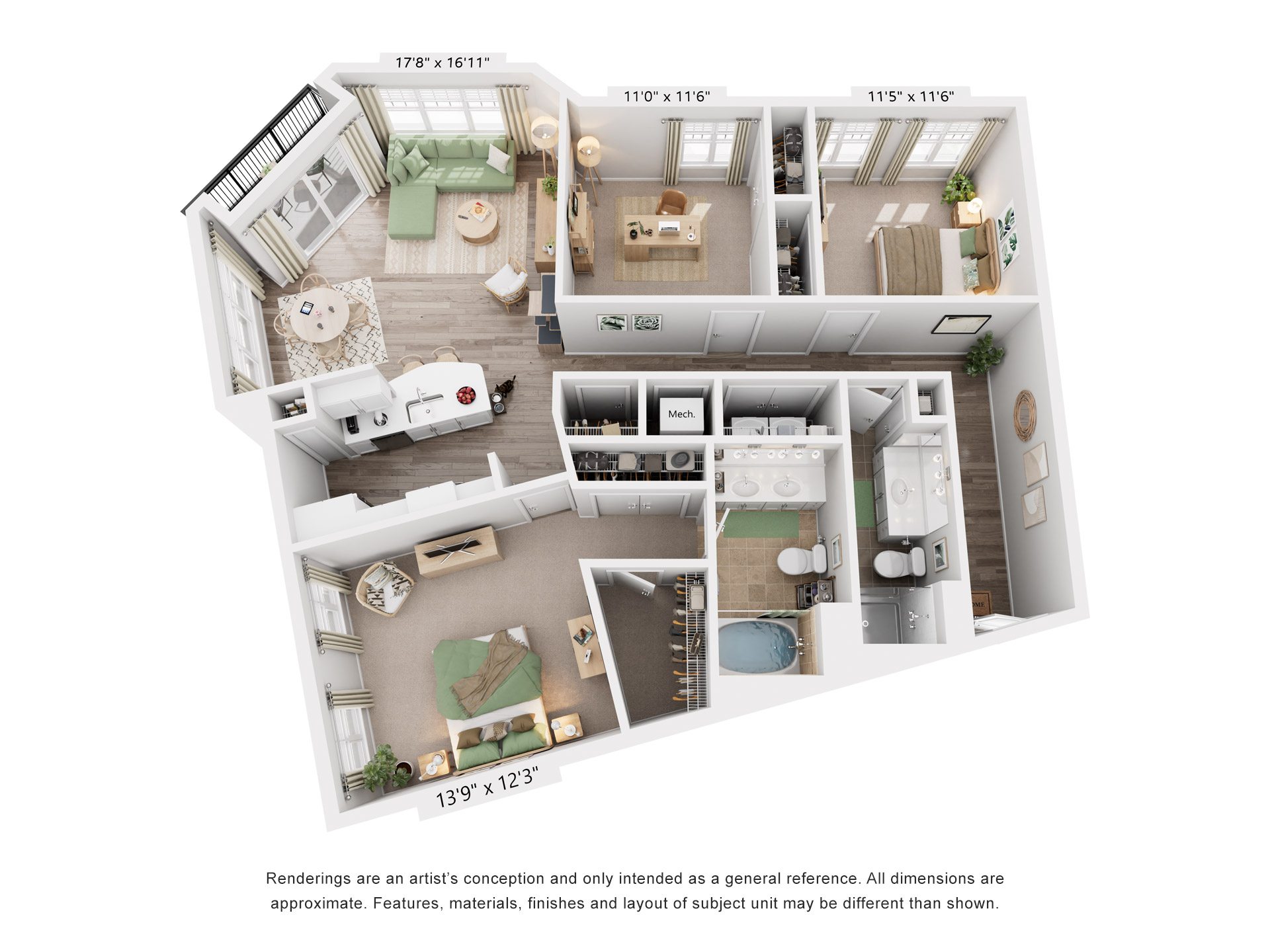 Floor plan for 3 beds, 2 baths, 1515 sqft
