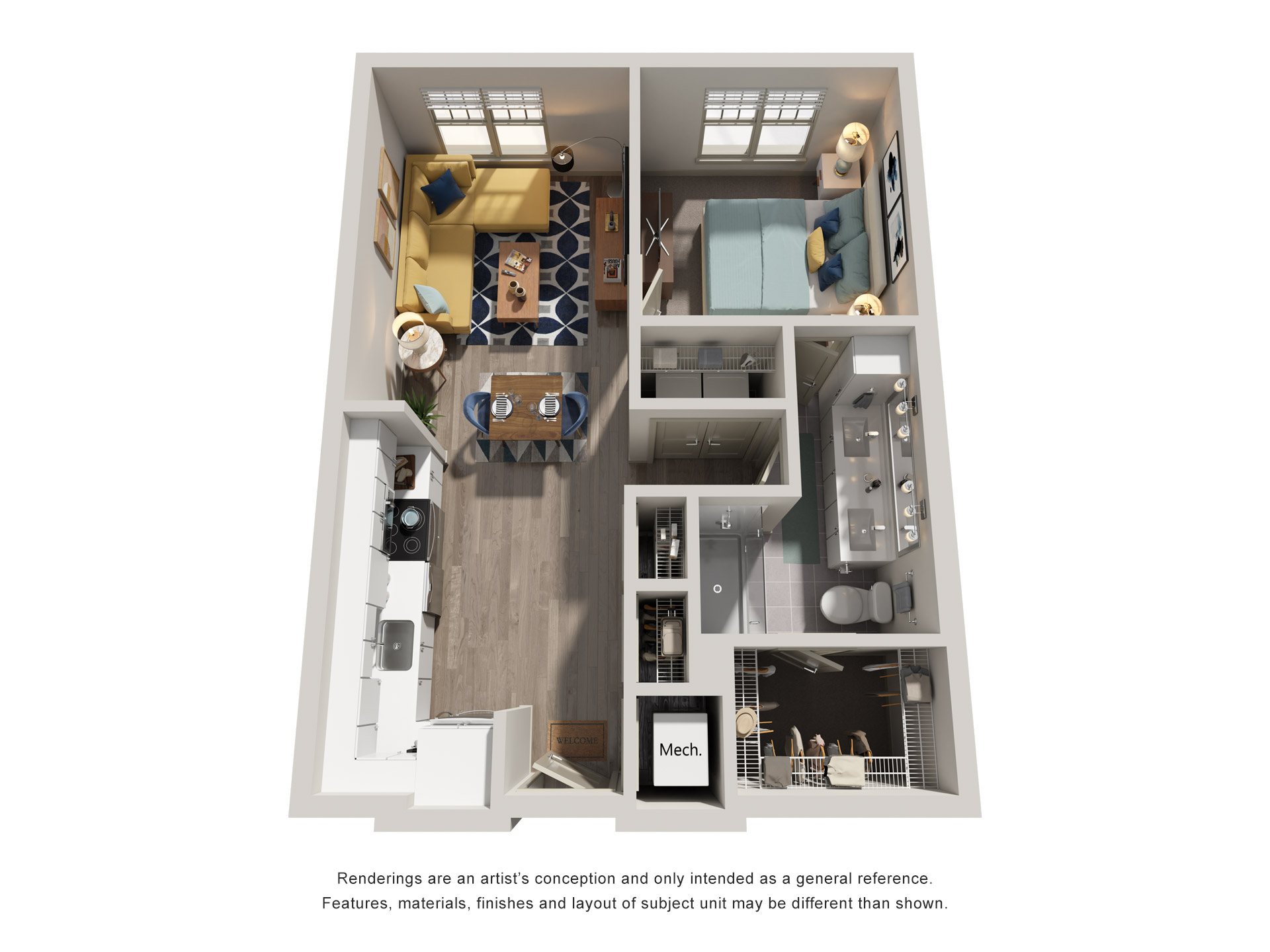 Floor plan for 1 bed, 1 bath, 833 sqft