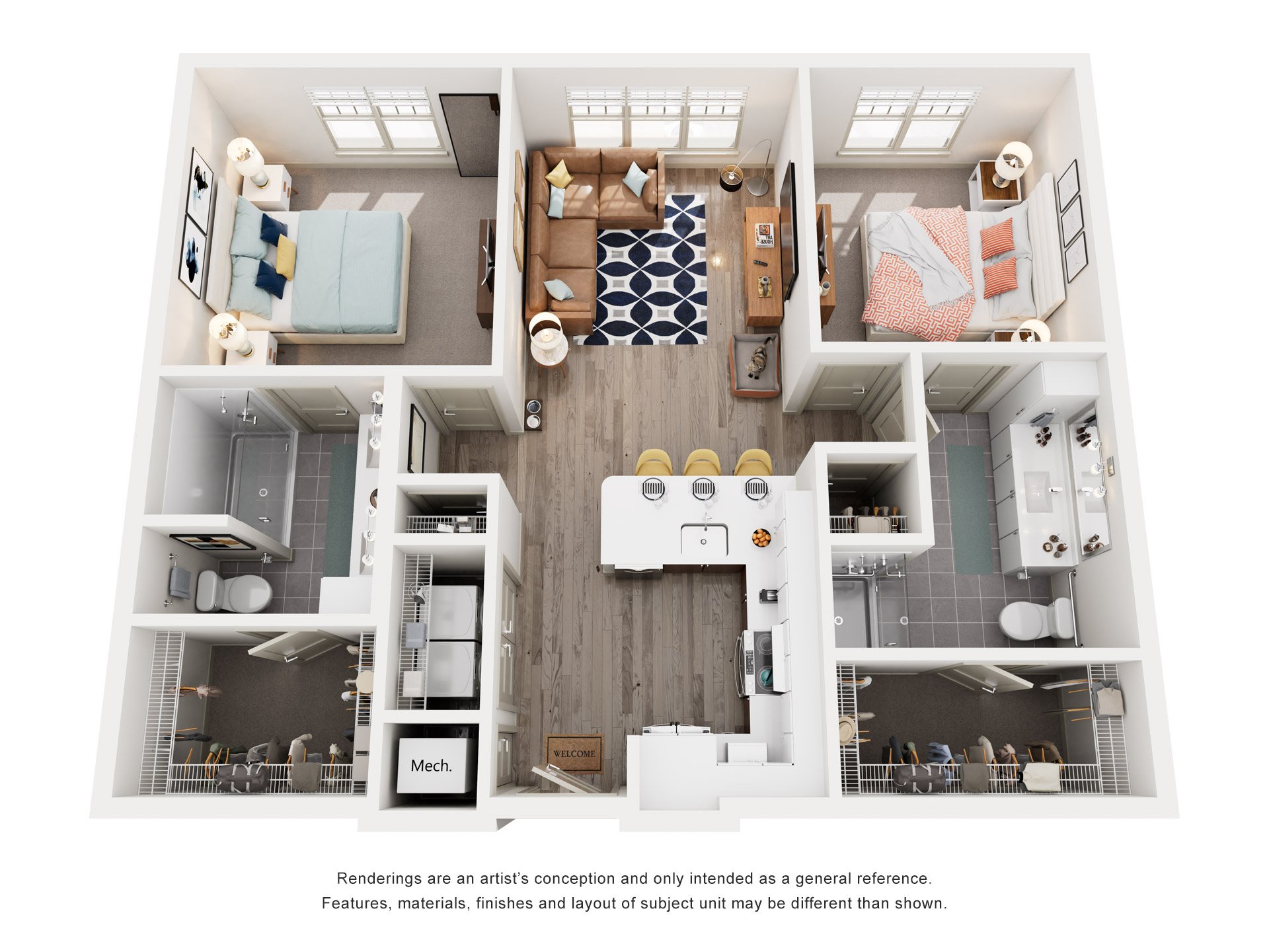 Floor plan for 2 beds, 2 baths, 1179 sqft