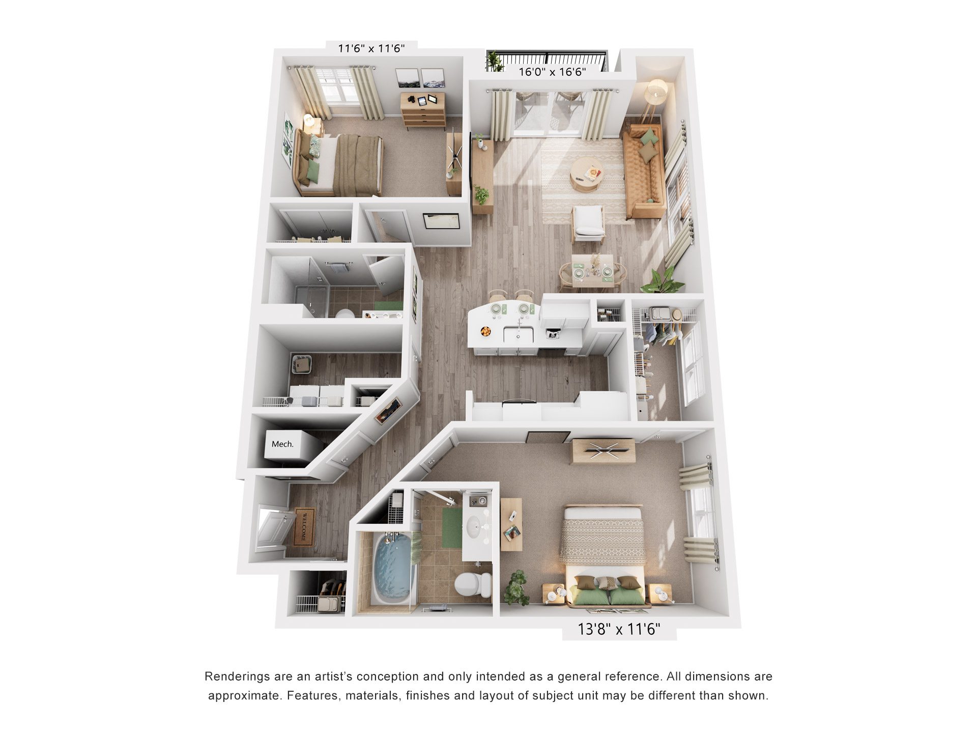 Floor plan for 2 beds, 2 baths, 1293 sqft