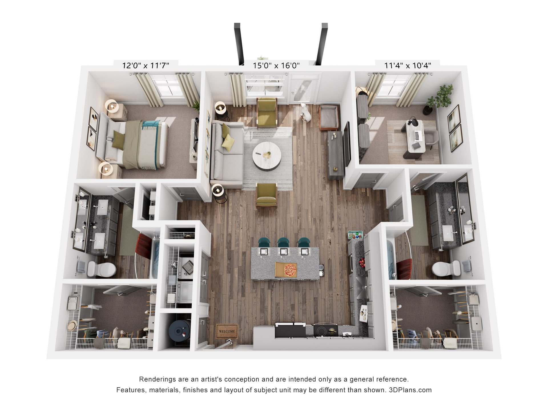 Floor plan for 2 beds, 2 baths, 1160 sqft