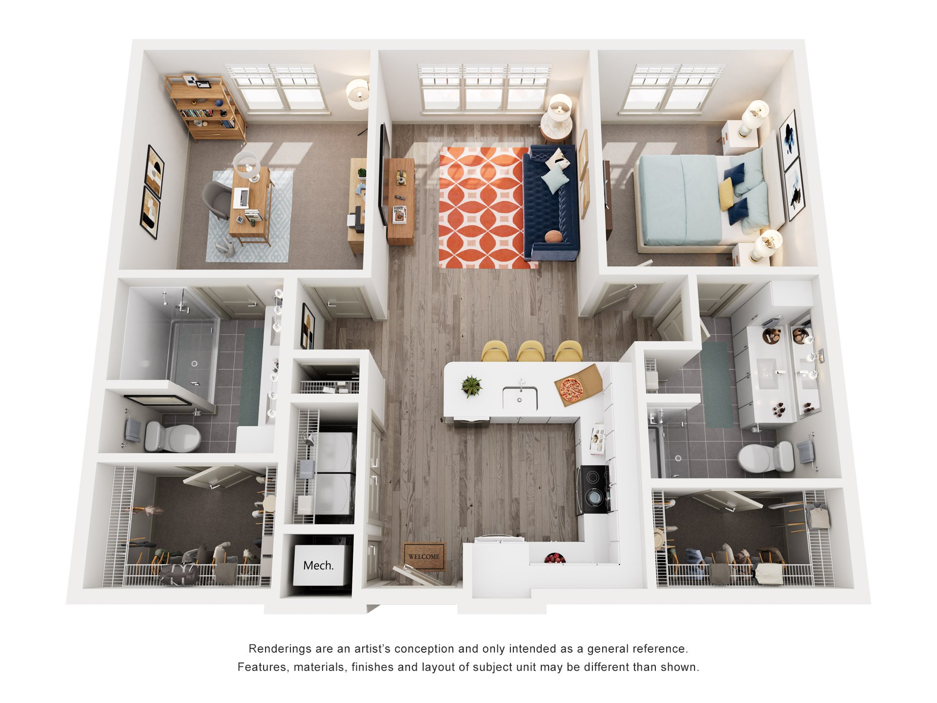 Floor plan for 2 beds, 2 baths, 1169 sqft