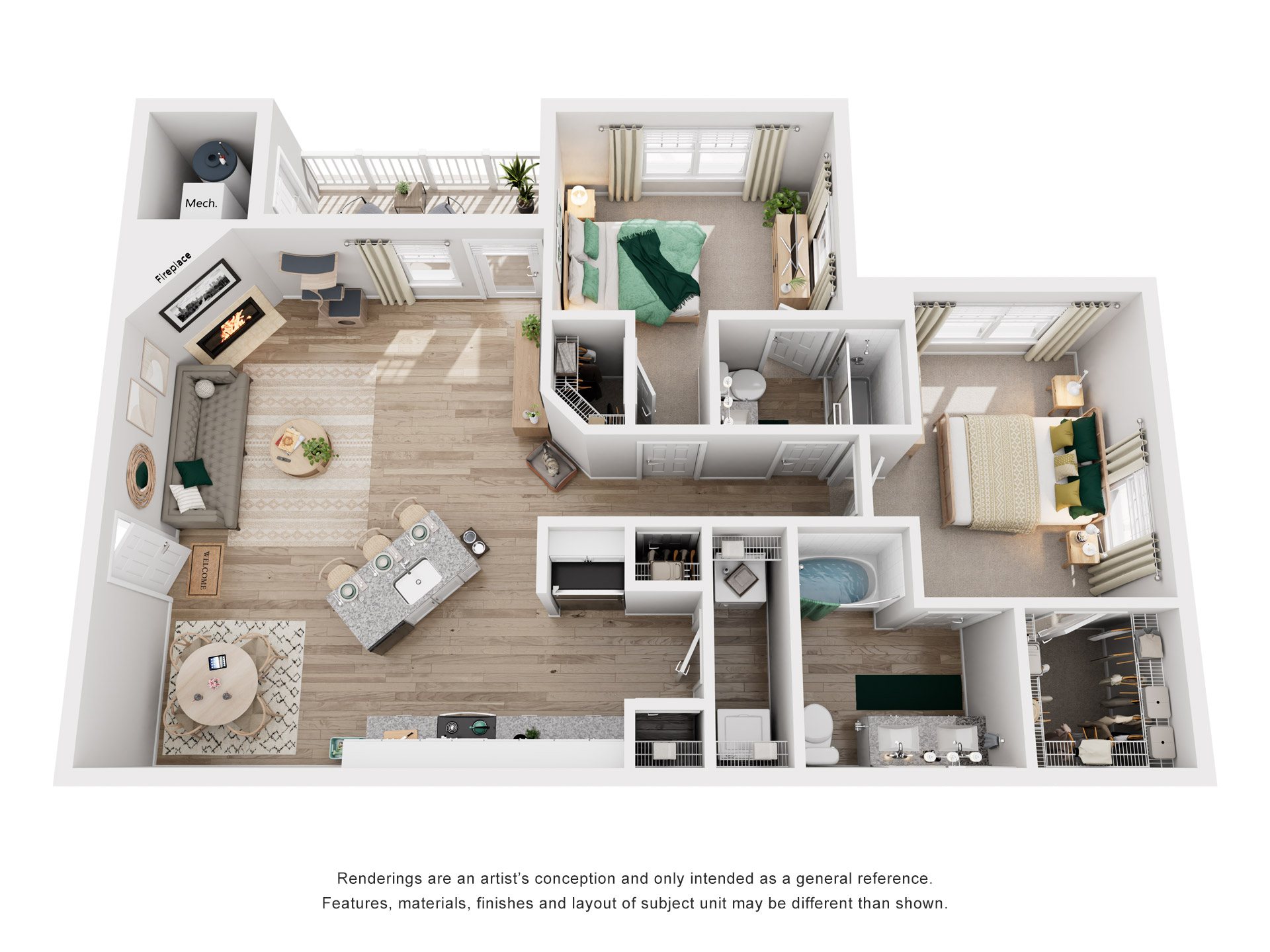 Floor plan for 2 beds, 2 baths, 1070 sqft