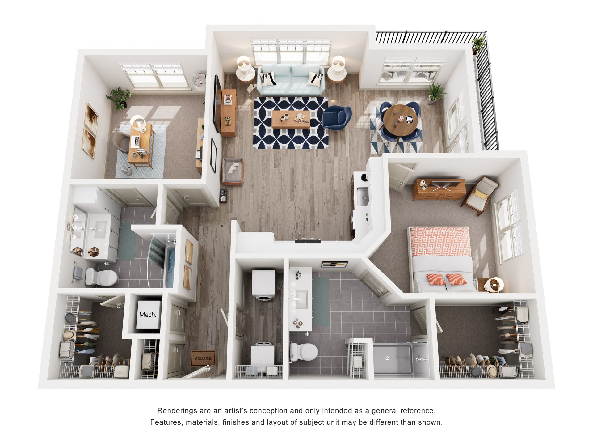 Floor plan for 2 beds, 2 baths, 1268 sqft