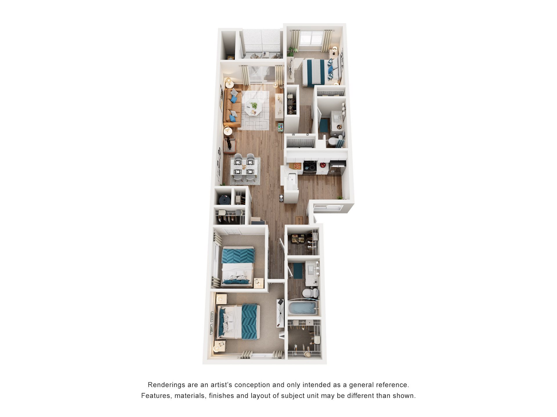 Floor plan for 3 beds, 2 baths, 1300 sqft