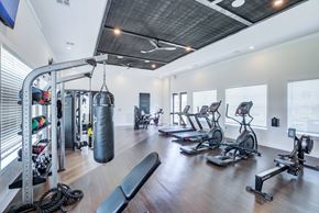 Commerce apartment for rent - A gym with a variety of equipment including treadmills, weights, and a punching bag.