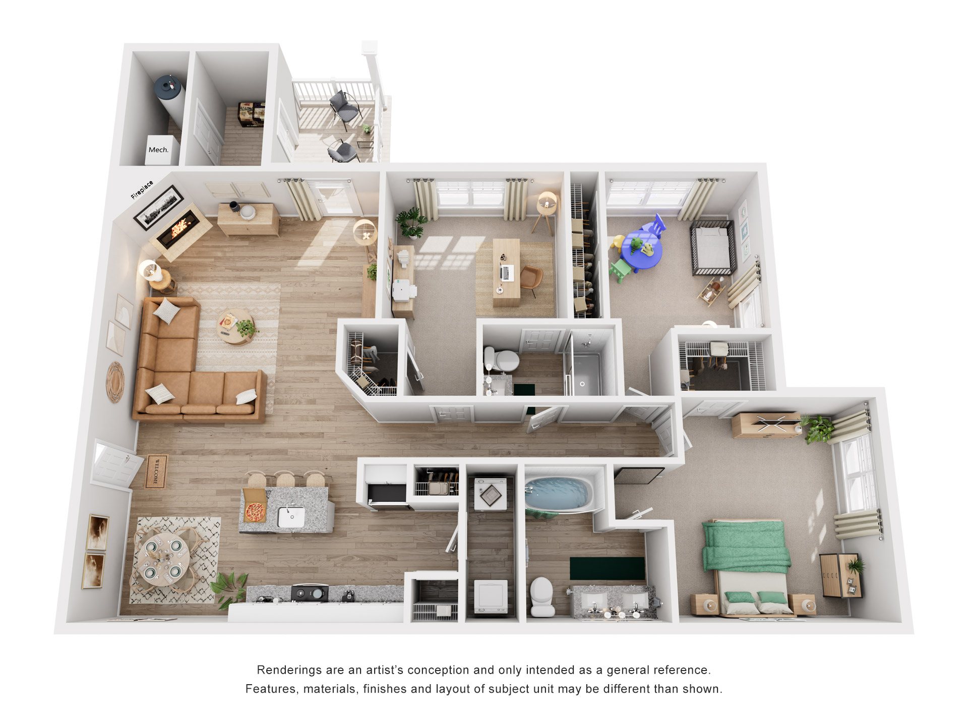 Floor plan for 3 beds, 2 baths, 1447 sqft