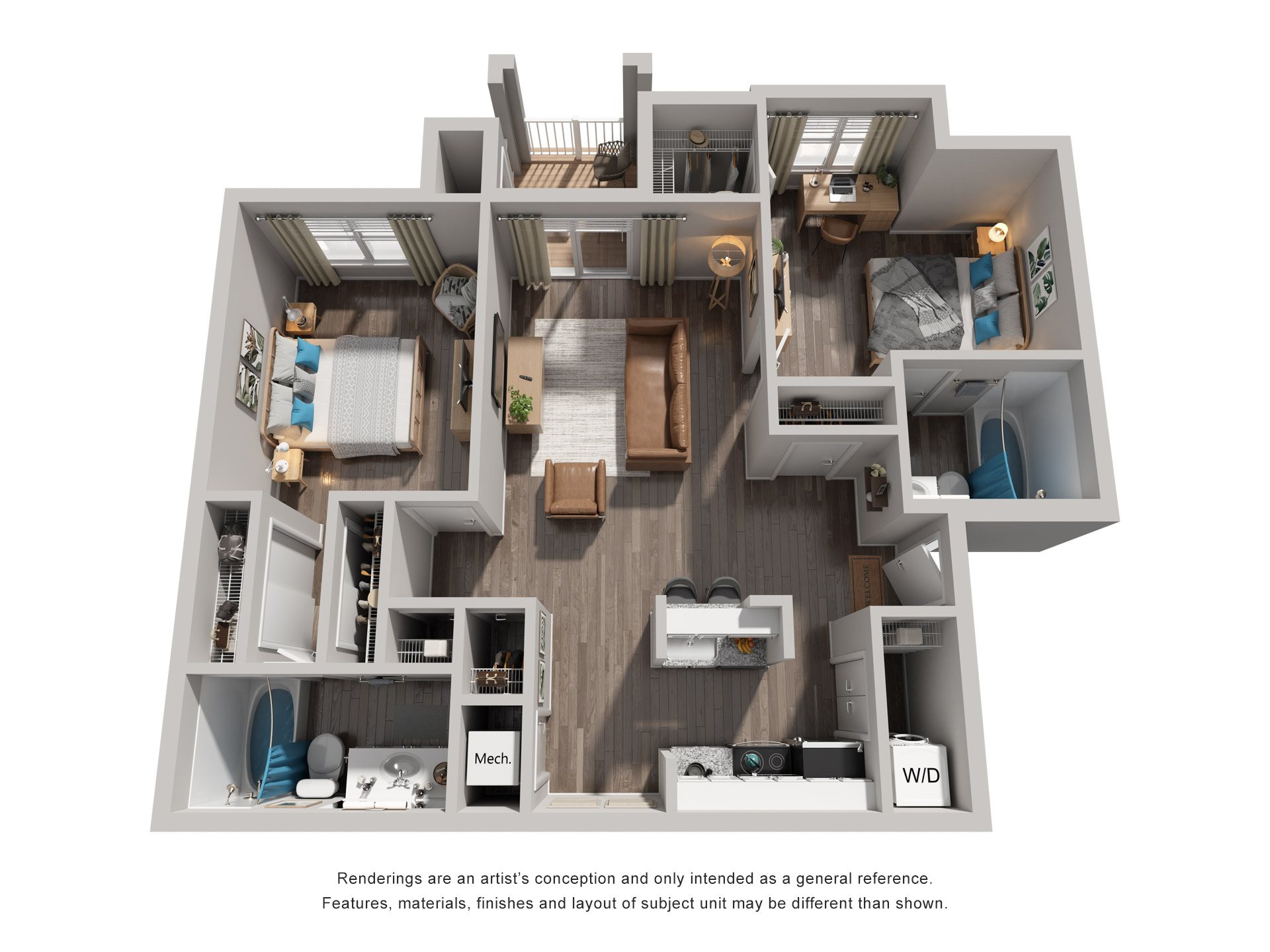 Floor plan for 2 beds, 2 baths, 960 sqft