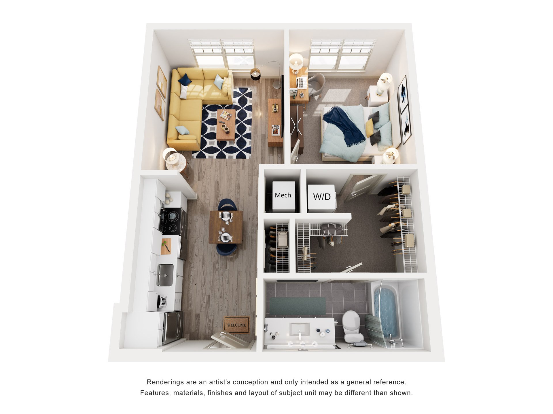 Floor plan for 1 bed, 1 bath, 601 sqft