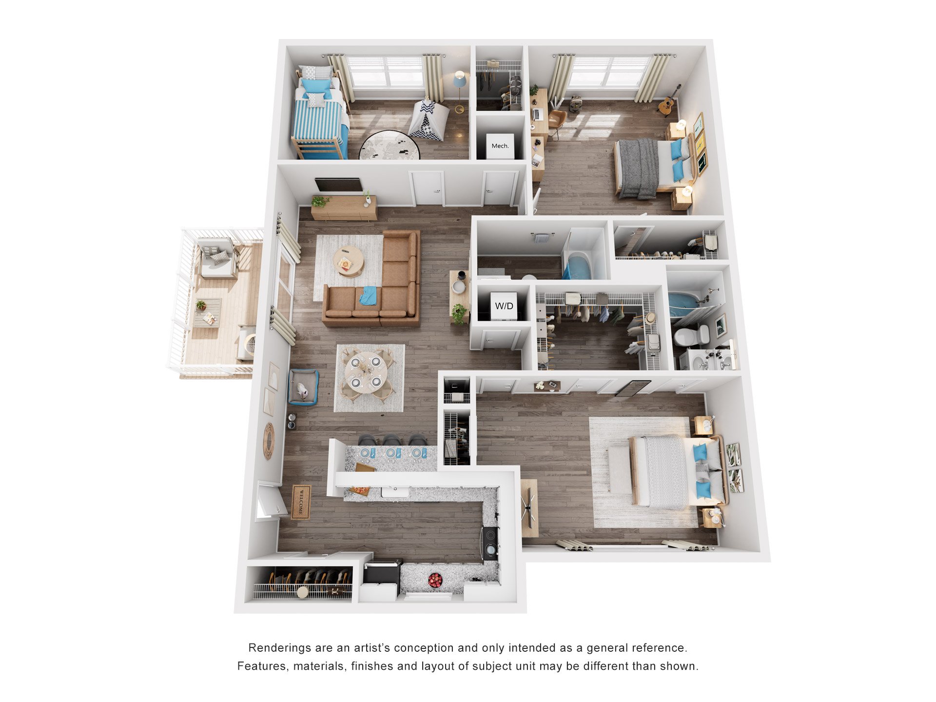 Floor plan for 3 beds, 2 baths, 1065 sqft