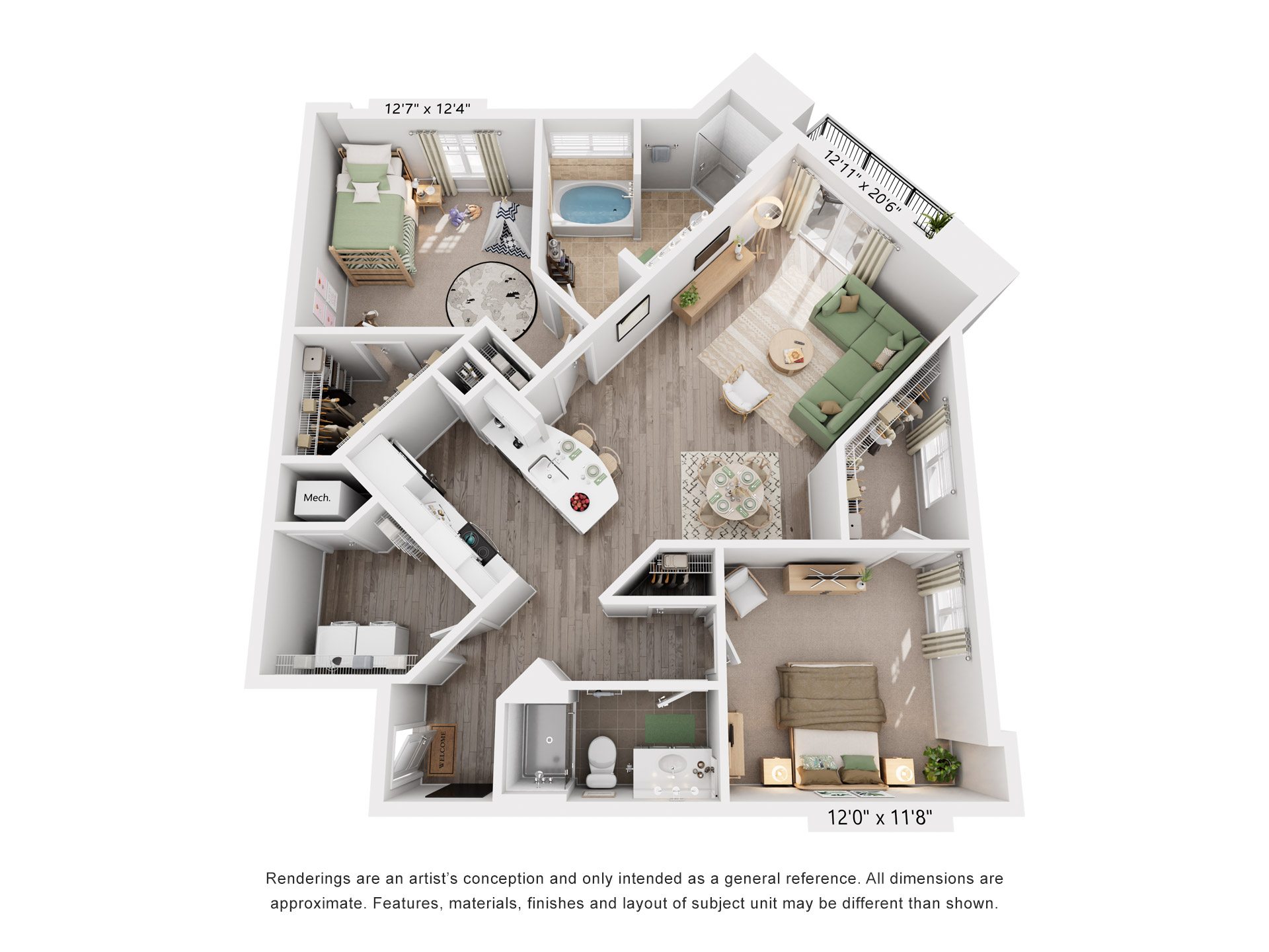 Floor plan for 2 beds, 2 baths, 1289 sqft