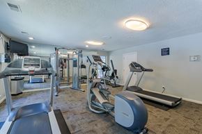 Aiken apartment for rent - A gym with a variety of equipment including treadmills, weights, and exercise machines.