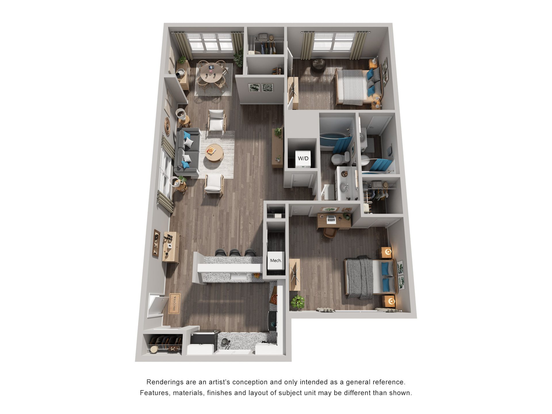 Floor plan for 2 beds, 2 baths, 1070 sqft