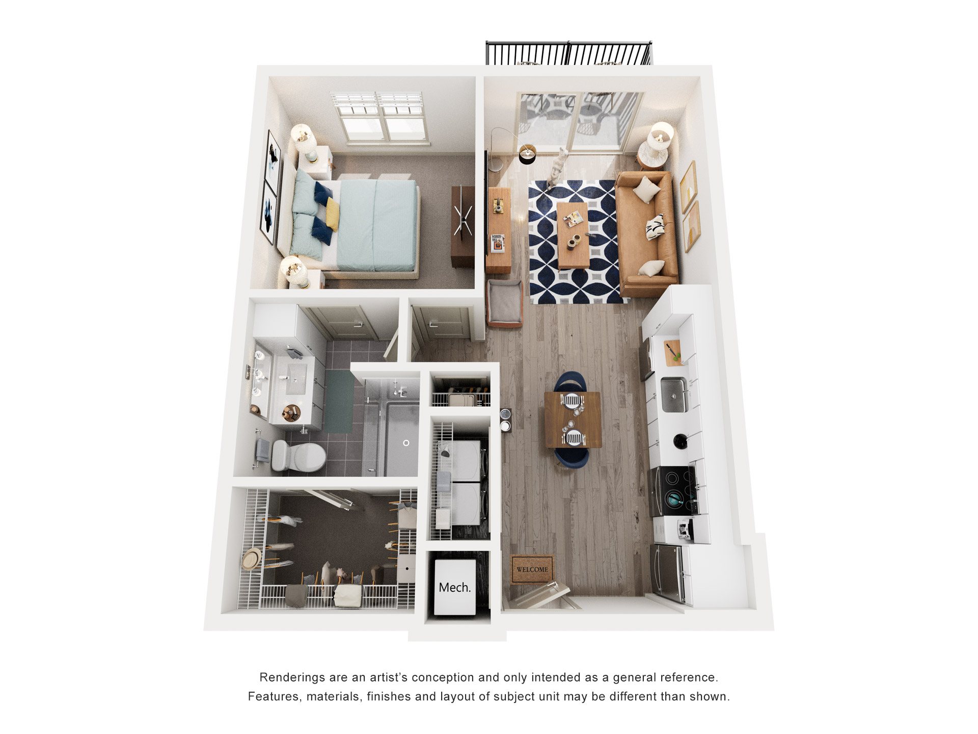 Floor plan for 1 bed, 1 bath, 771 sqft