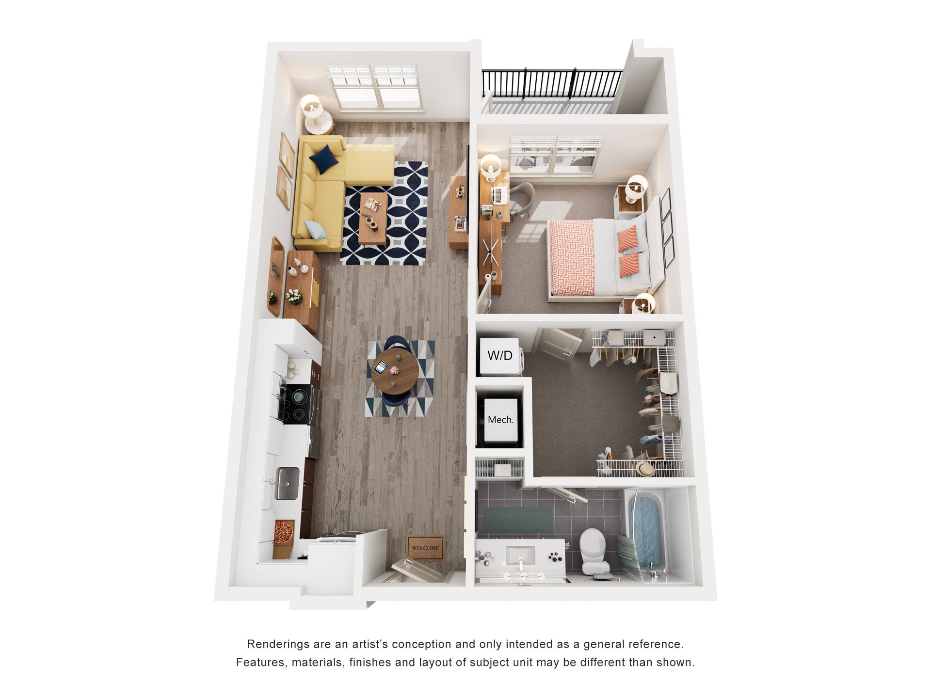 Floor plan for 1 bed, 1 bath, 737 sqft