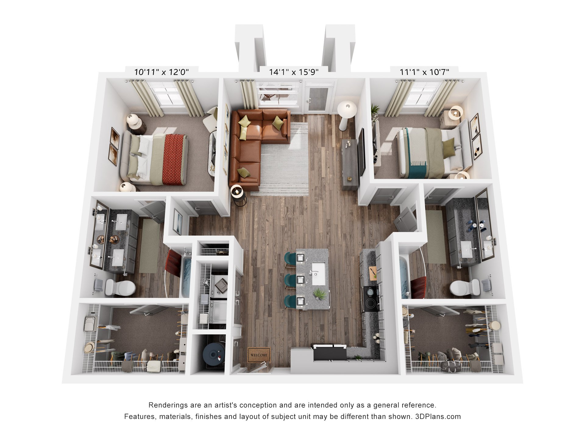Floor plan for 2 beds, 2 baths, 1102 sqft