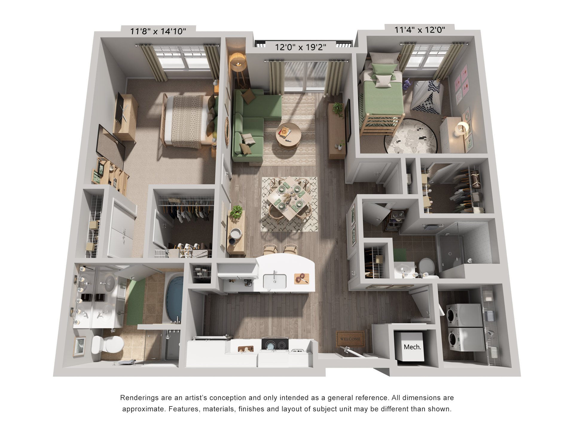 Floor plan for 2 beds, 2 baths, 1261 sqft