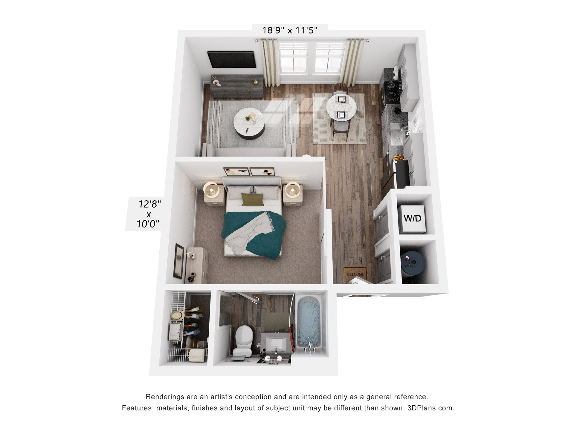 Floor plan for studio, 1 bath, 587 sqft