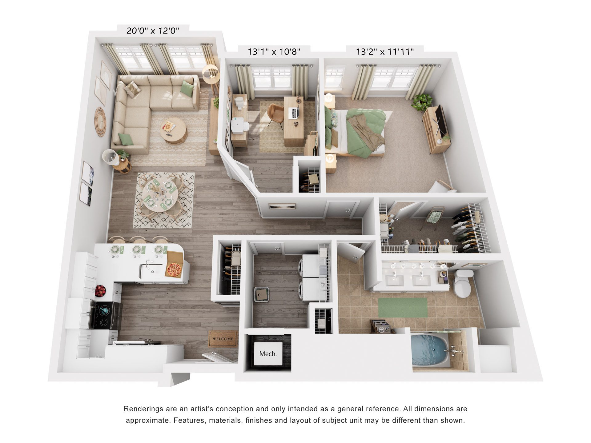 Floor plan for 1 bed, 1 bath, 1055 sqft