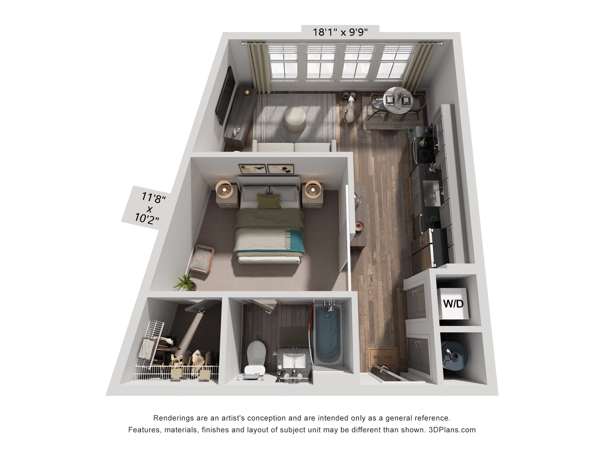 Floor plan for studio, 1 bath, 587 sqft