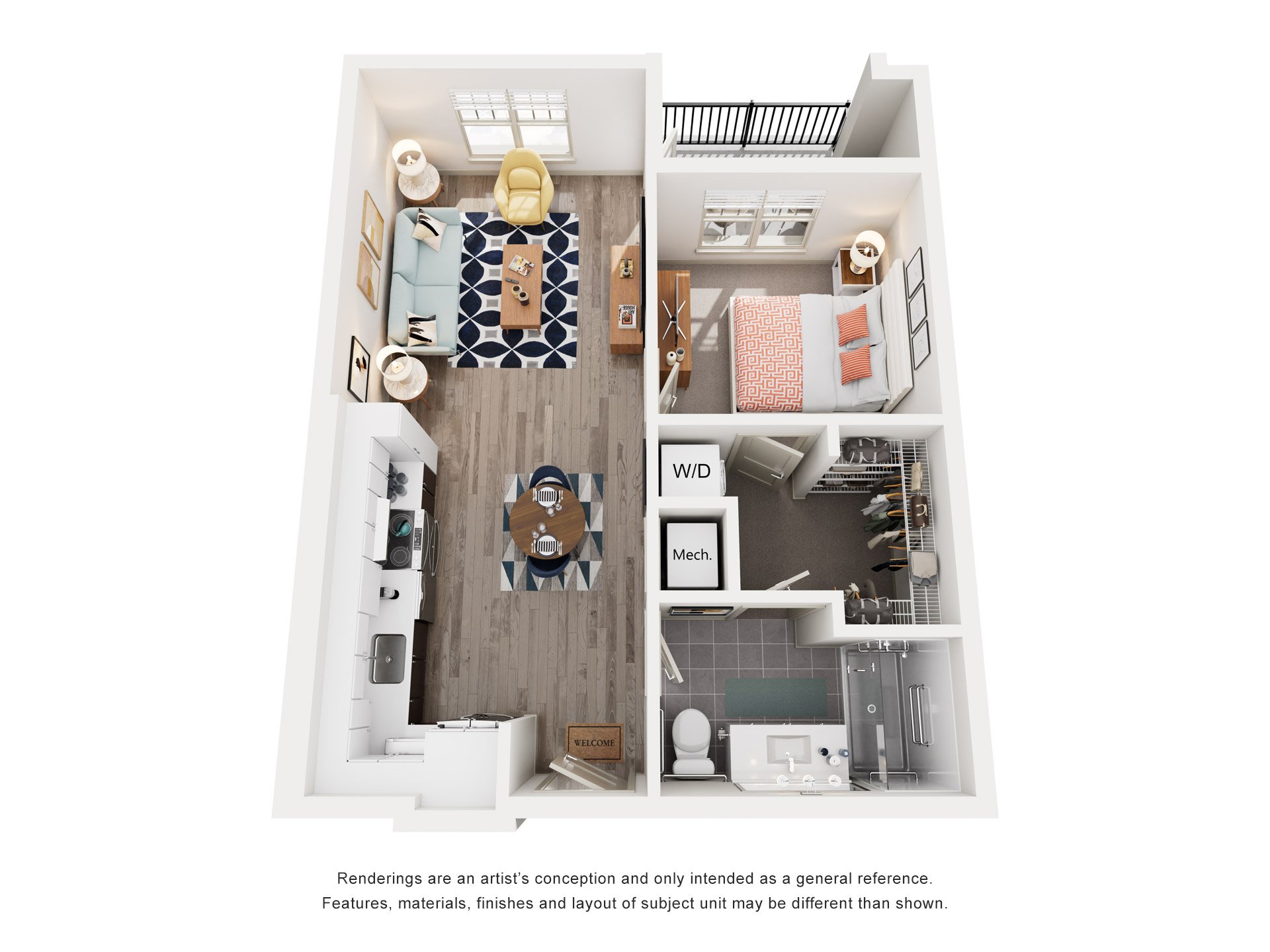 Floor plan for 1 bed, 1 bath, 792 sqft