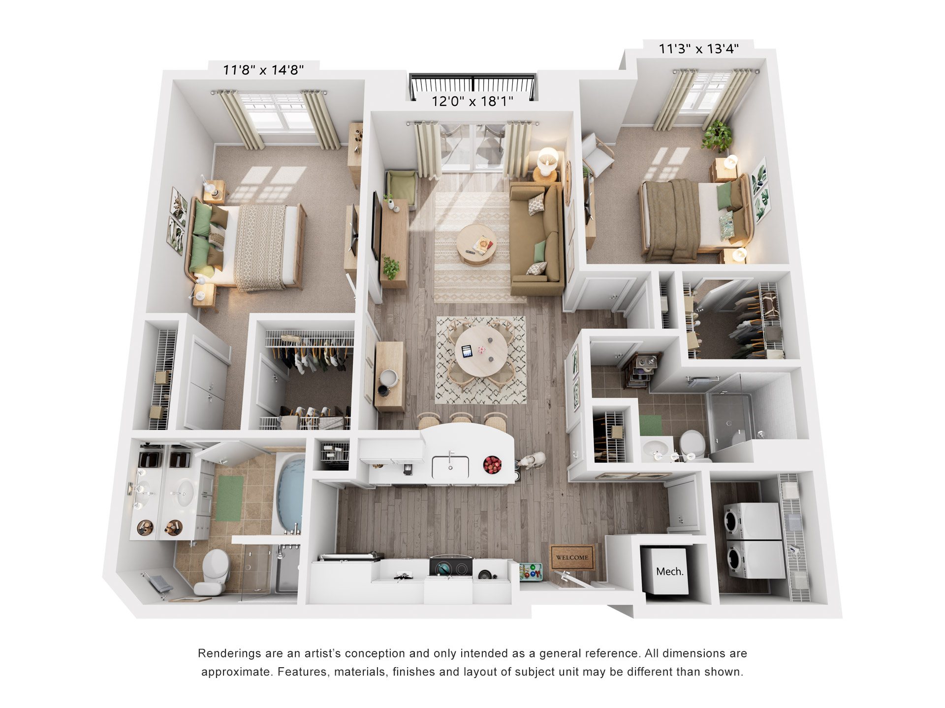 Floor plan for 2 beds, 2 baths, 1164 sqft