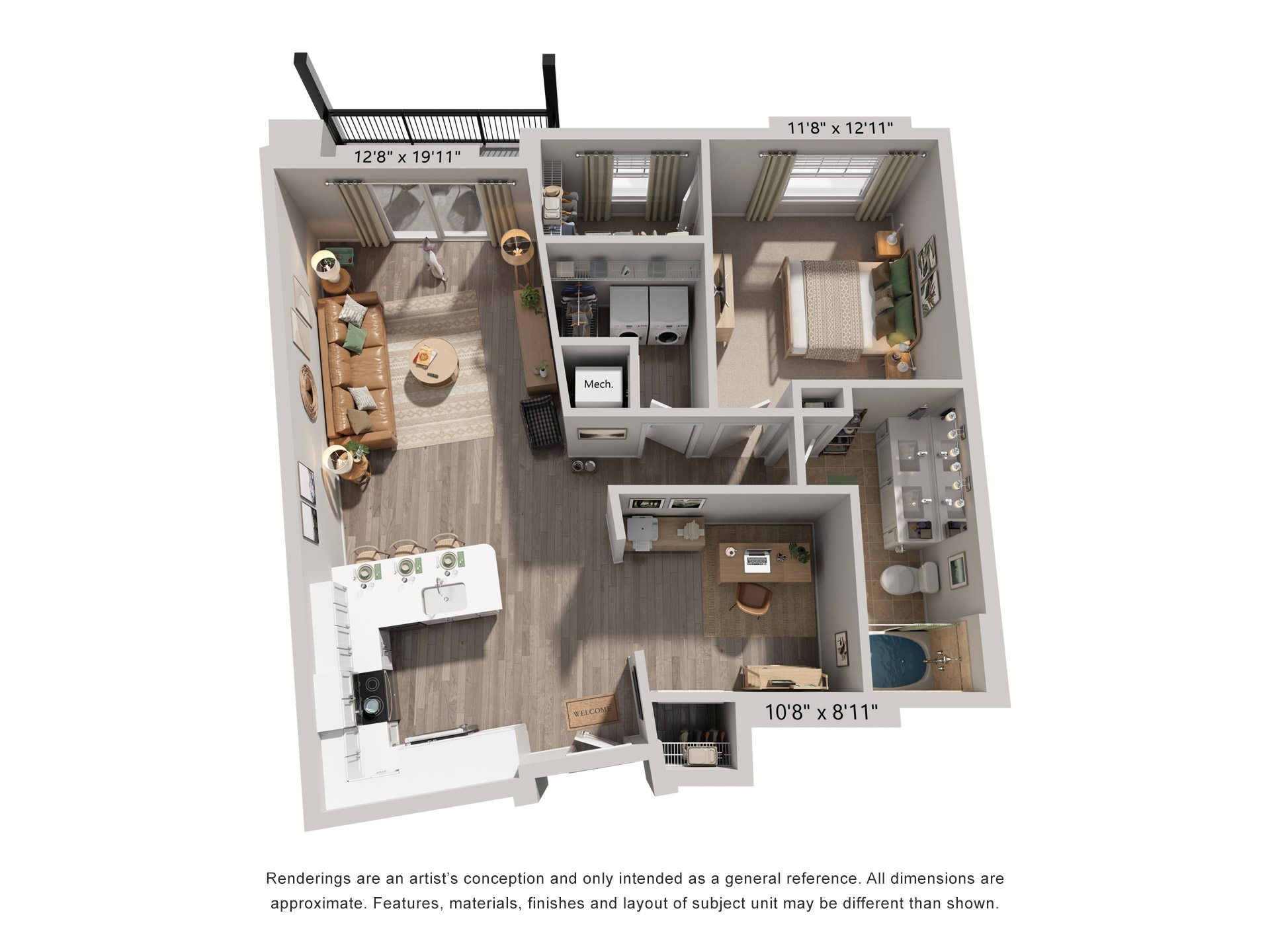 Floor plan for 1 bed, 1 bath, 1043 sqft