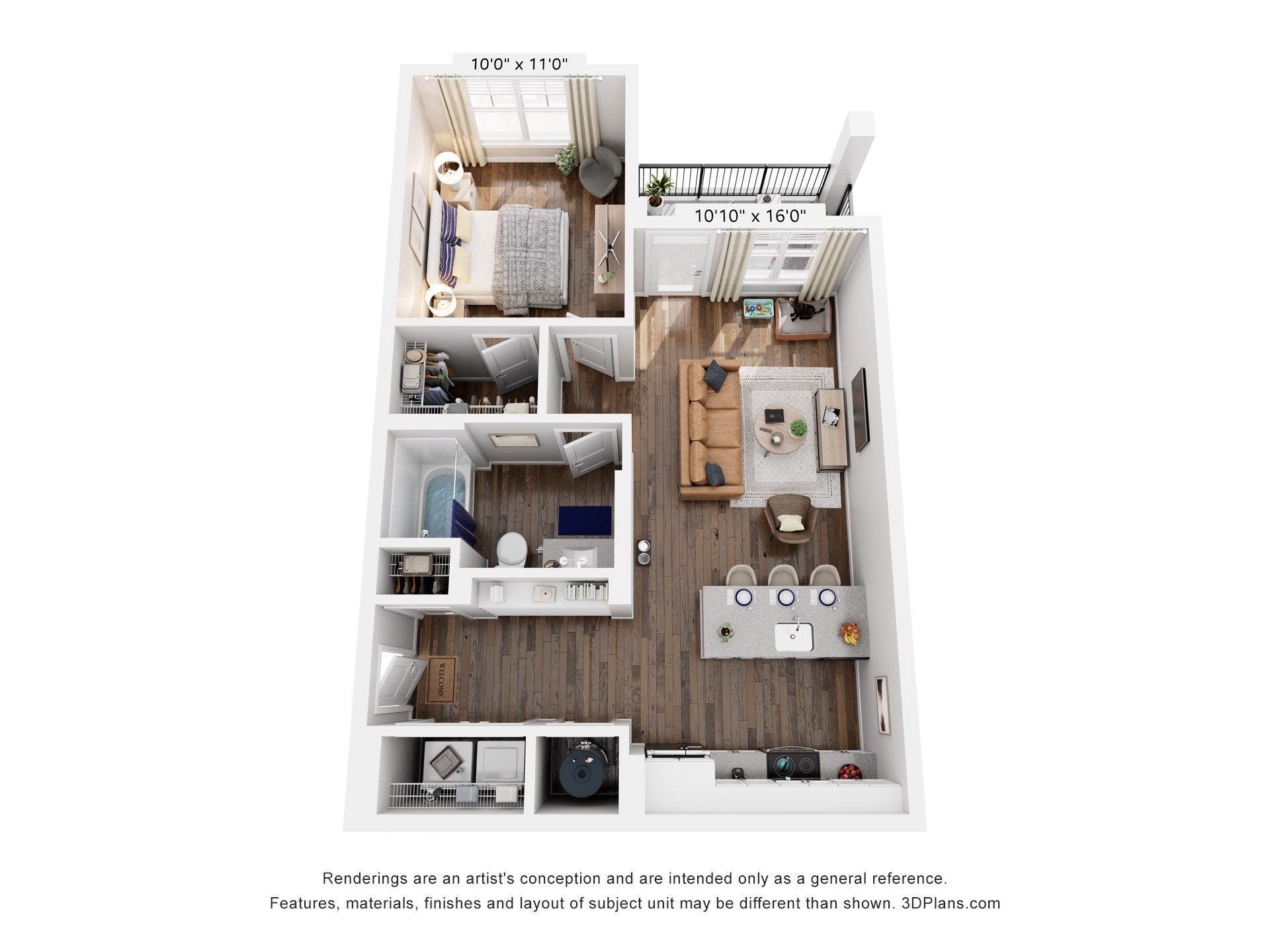 Floor plan for 1 bed, 1 bath, 689 sqft