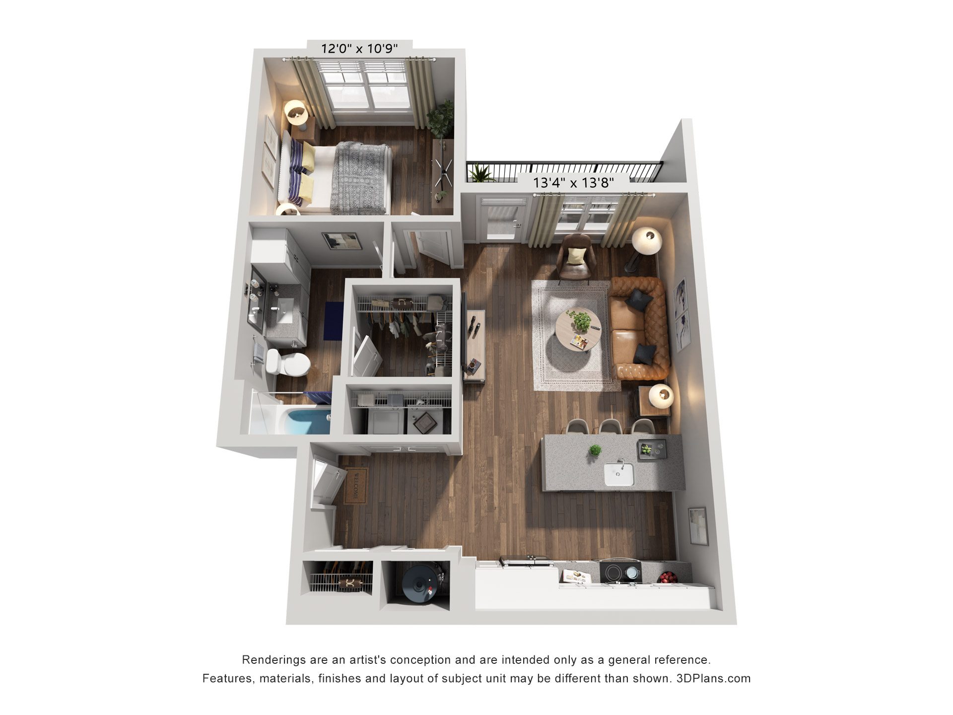 Floor plan for 1 bed, 1 bath, 755 sqft