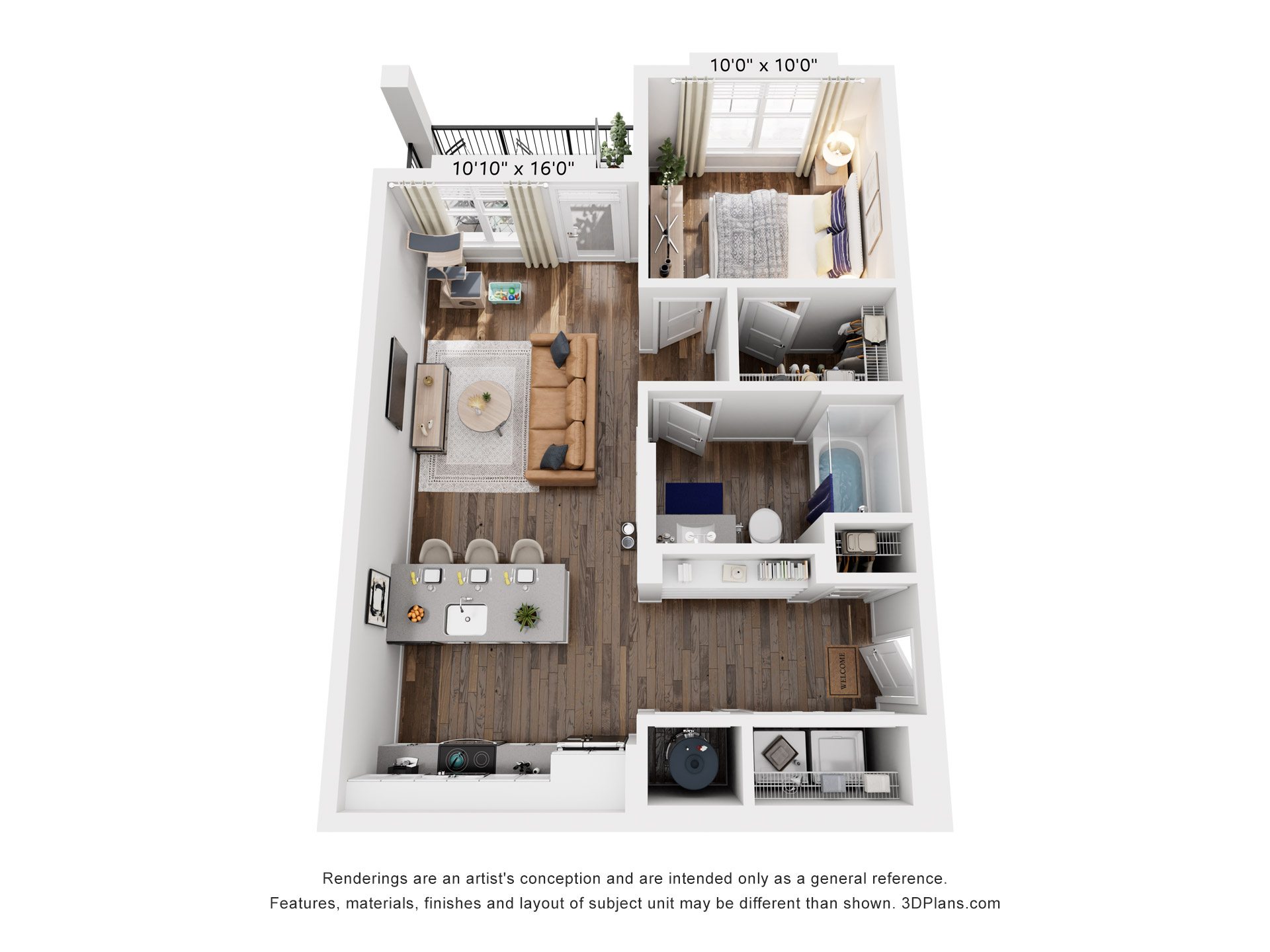 Floor plan for 1 bed, 1 bath, 678 sqft