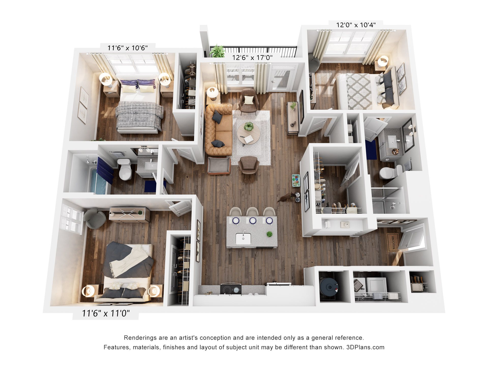 Floor plan for 3 beds, 2 baths, 1251 sqft