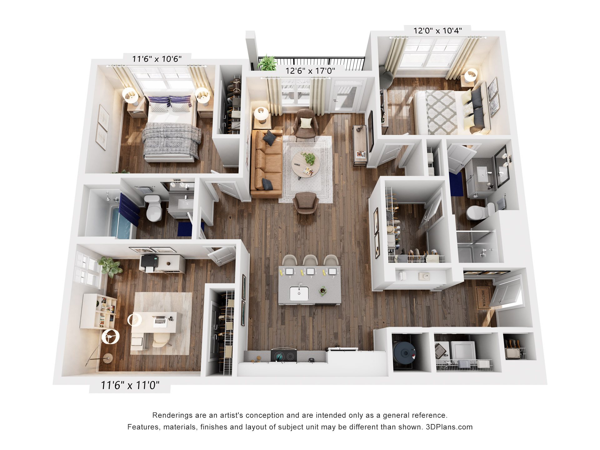 Floor plan for 3 beds, 2 baths, 1237 sqft