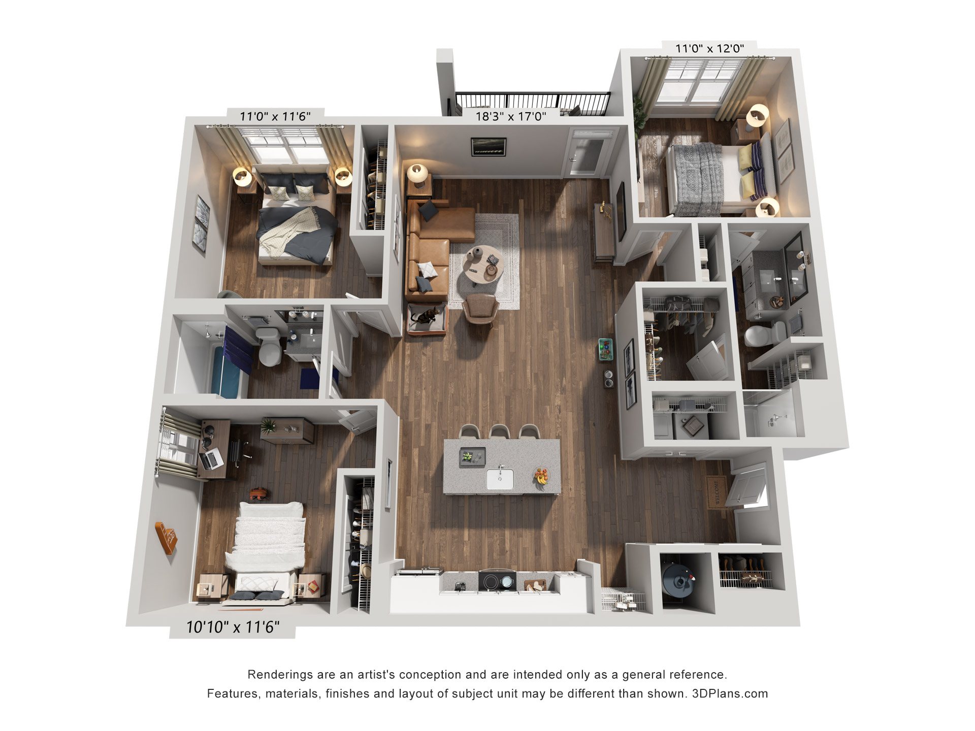 Floor plan for 3 beds, 2 baths, 1362 sqft