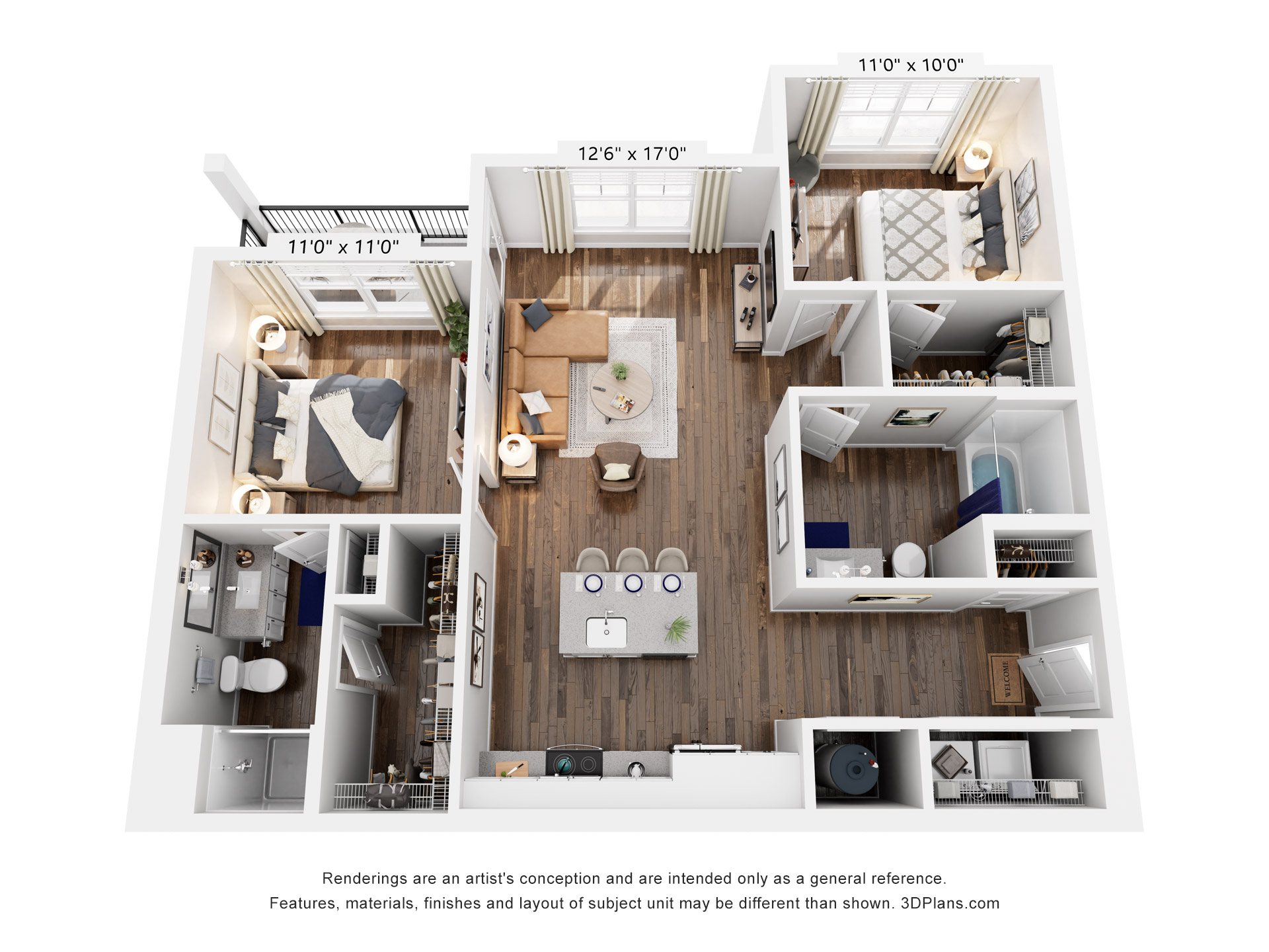 Floor plan for 2 beds, 2 baths, 1041 sqft