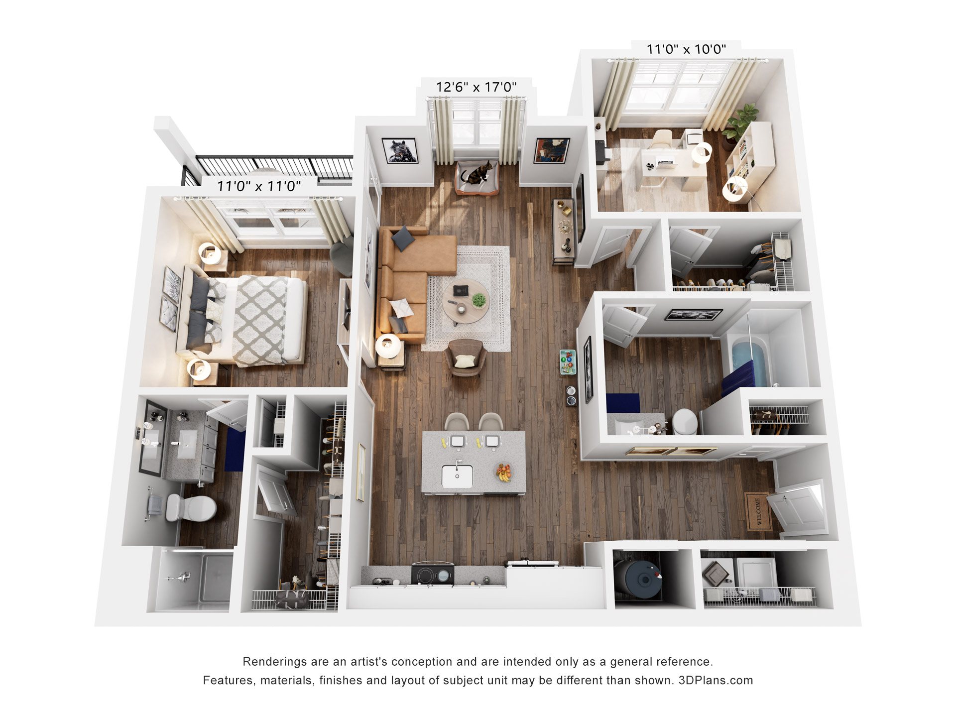 Floor plan for 2 beds, 2 baths, 1063 sqft