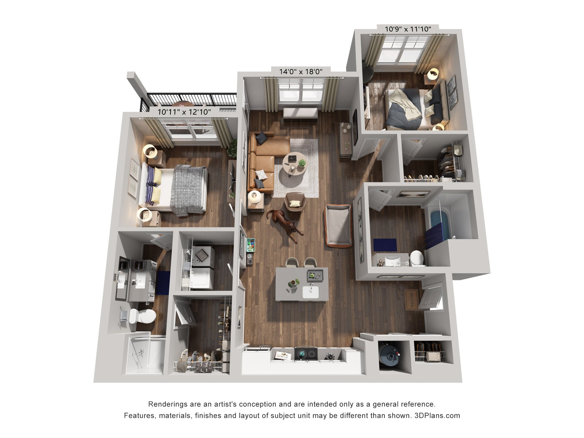 Floor plan for 2 beds, 2 baths, 1174 sqft