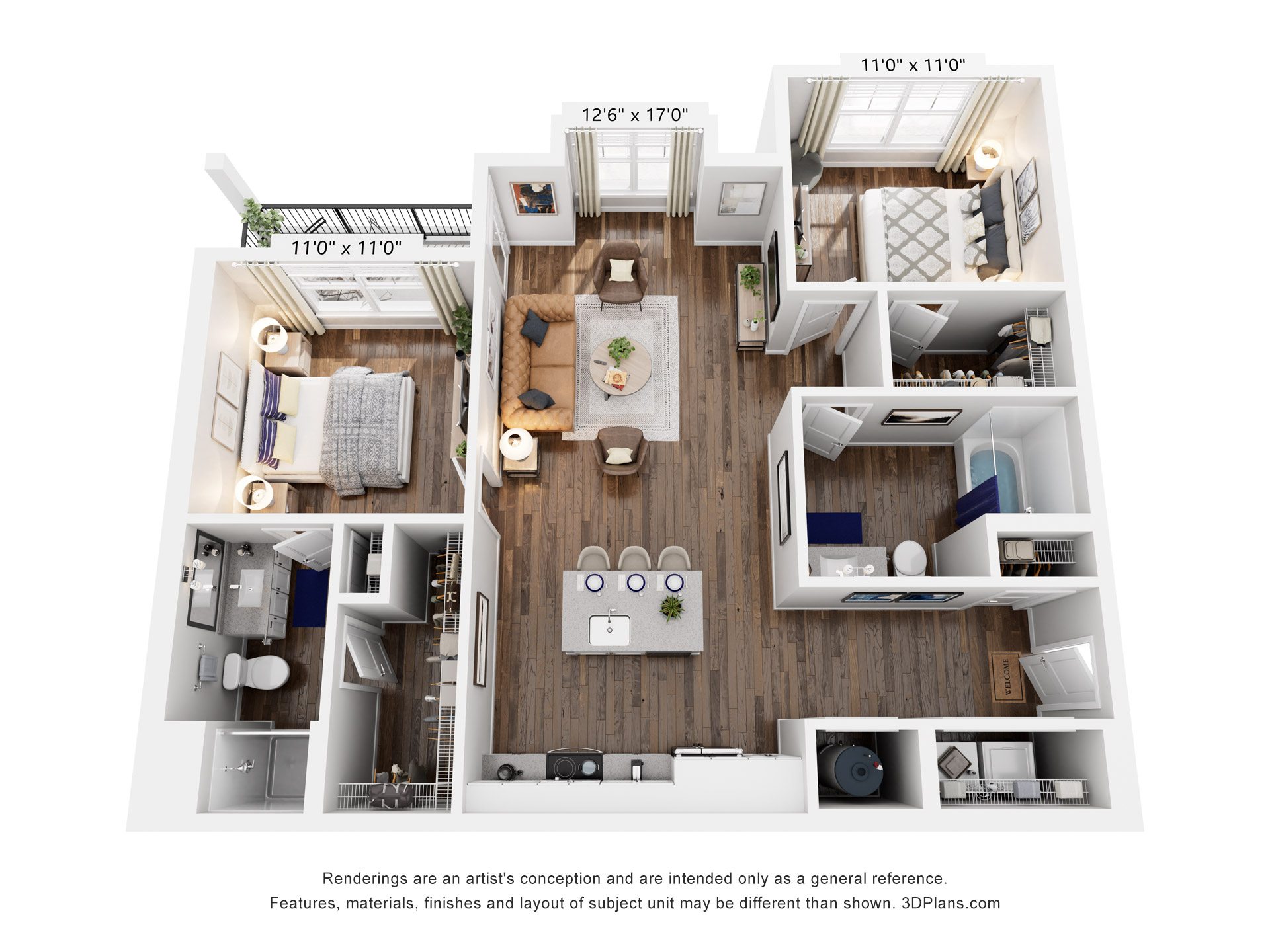 Floor plan for 2 beds, 2 baths, 1049 sqft