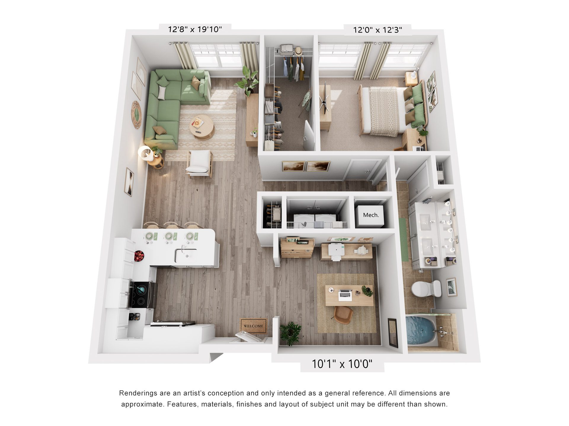 Floor plan for 1 bed, 1 bath, 967 sqft