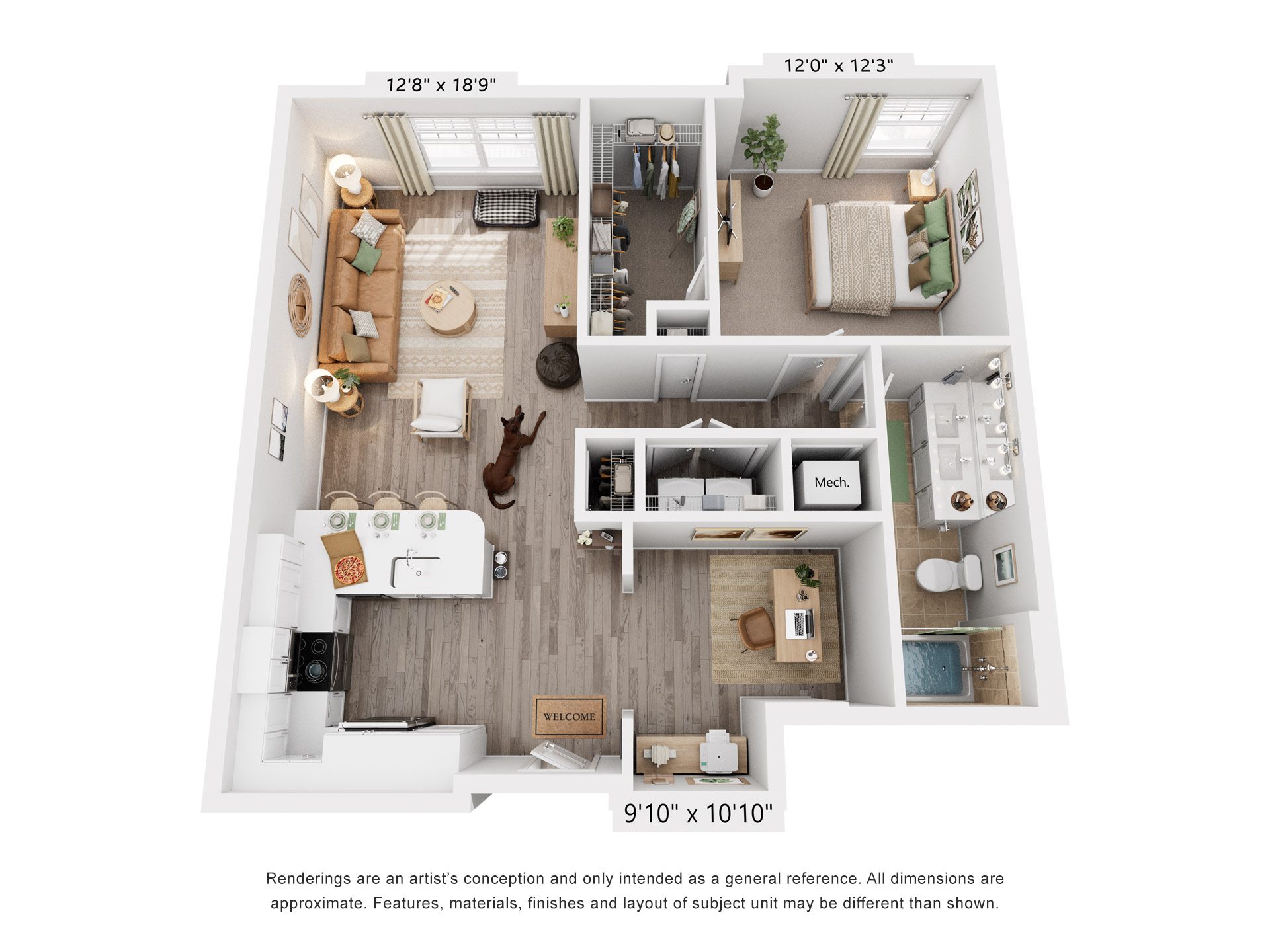 Floor plan for 1 bed, 1 bath, 928 sqft