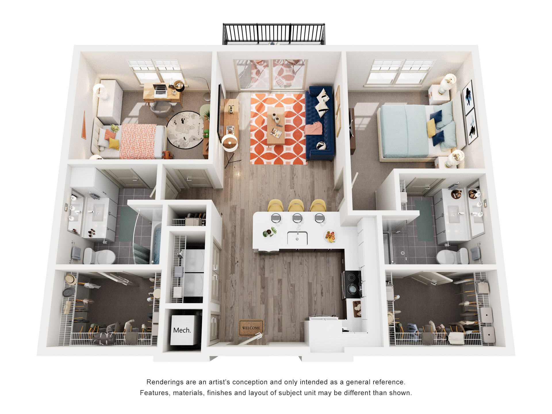 Floor plan for 2 beds, 2 baths, 1062 sqft
