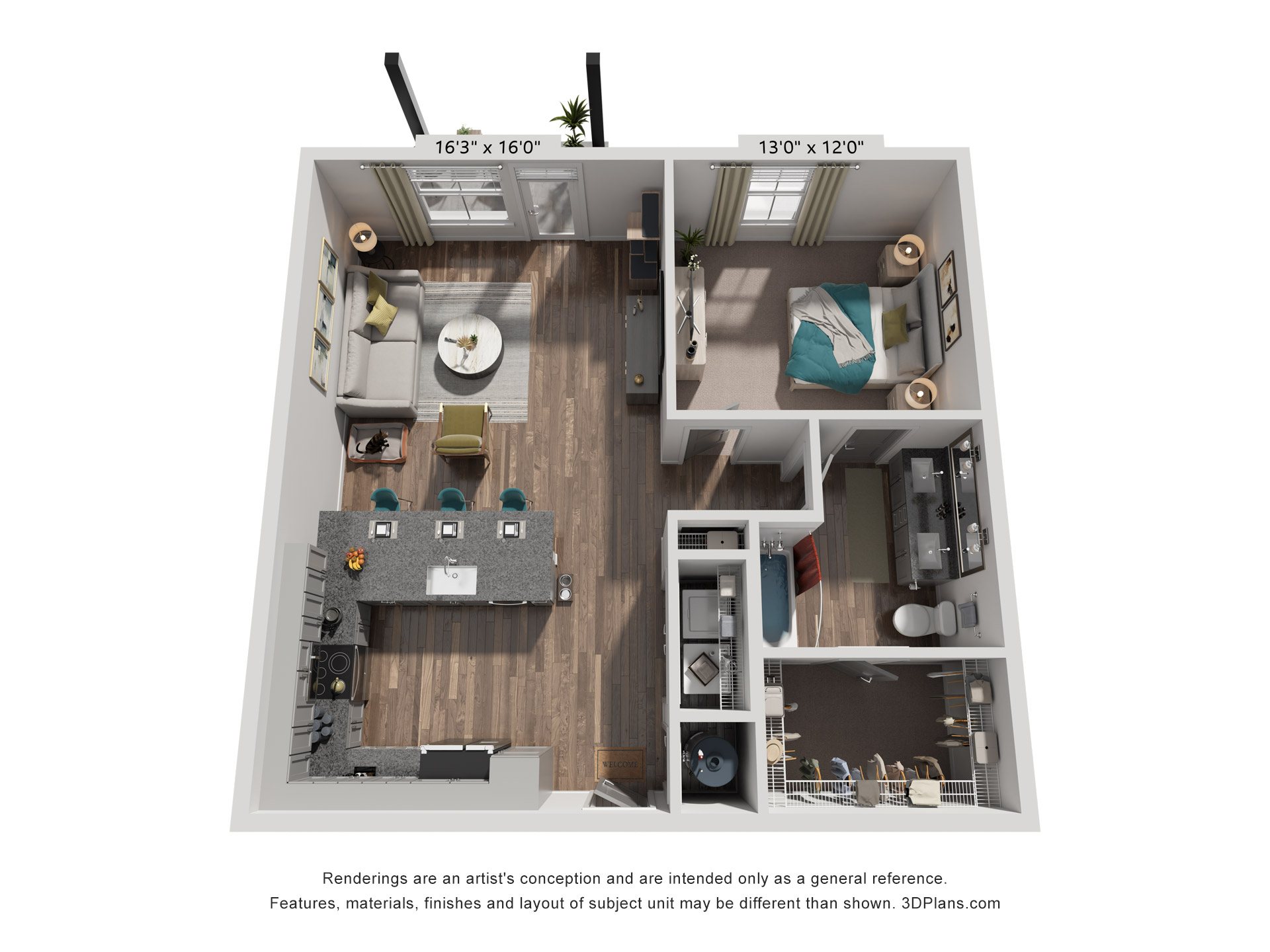 Floor plan for 1 bed, 1 bath, 870 sqft