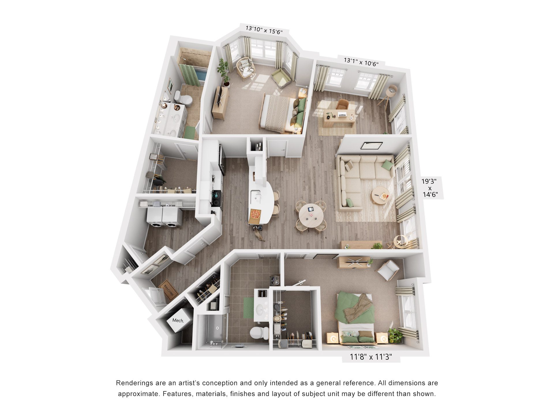 Floor plan for 2 beds, 2 baths, 1452 sqft