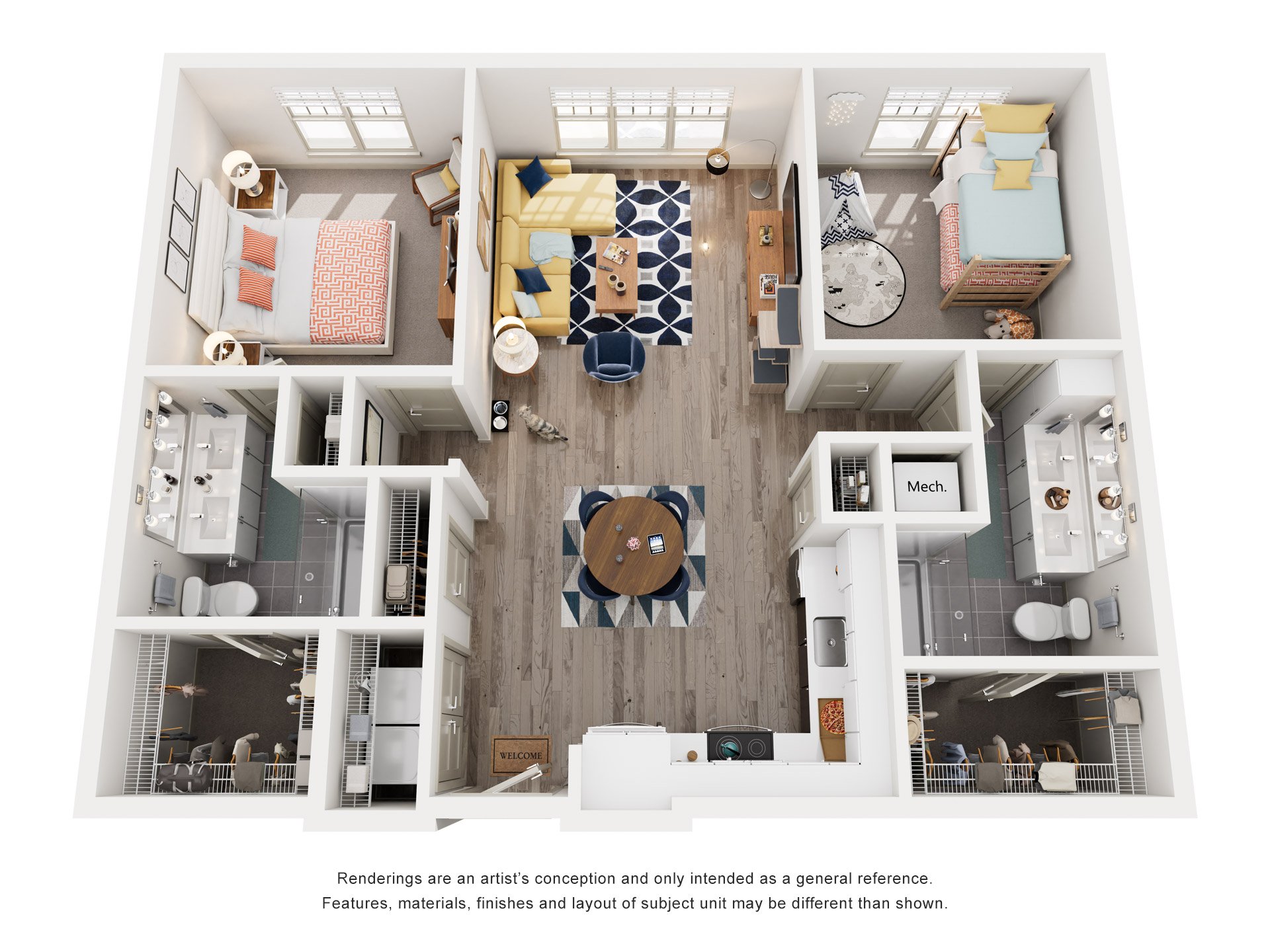 Floor plan for 2 beds, 2 baths, 1241 sqft