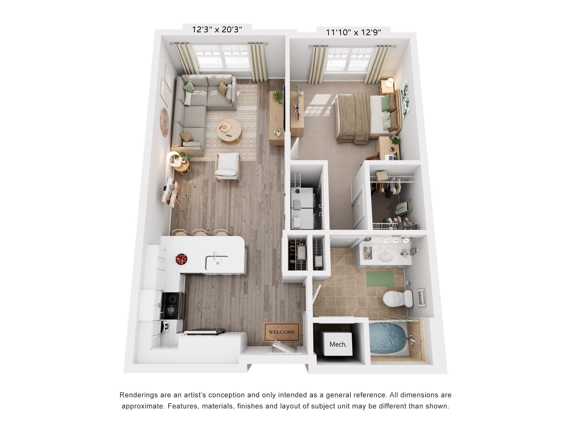 Floor plan for 1 bed, 1 bath, 909 sqft